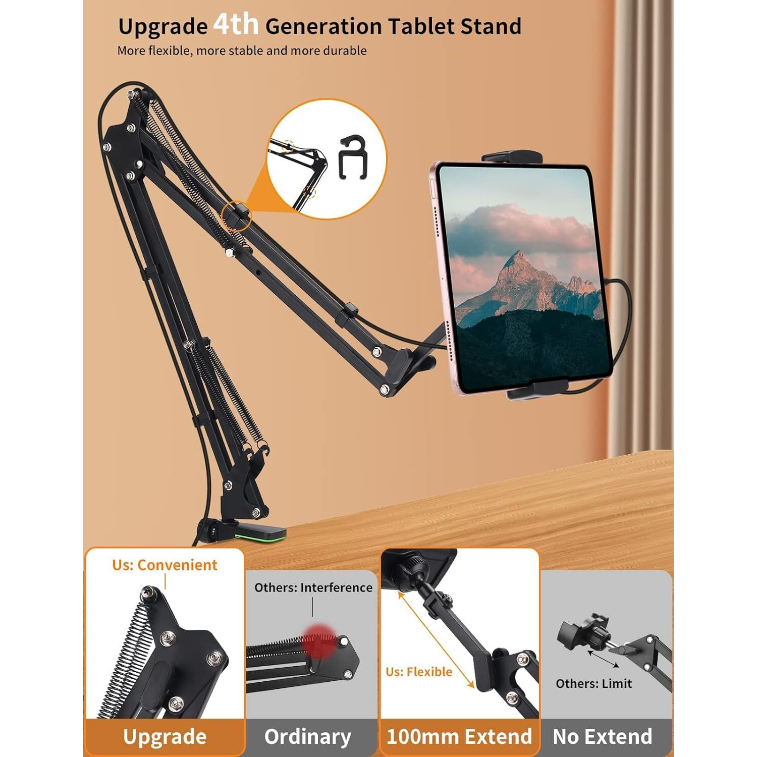 Sounce Lightweight Tabletop Stand Phone Holder, Metal Long Lazy Arm and Bracket for All Mobile for Video Recording, Streaming Video, Office, Compatible with Devices Upto 4-10.6 Inches - Black
