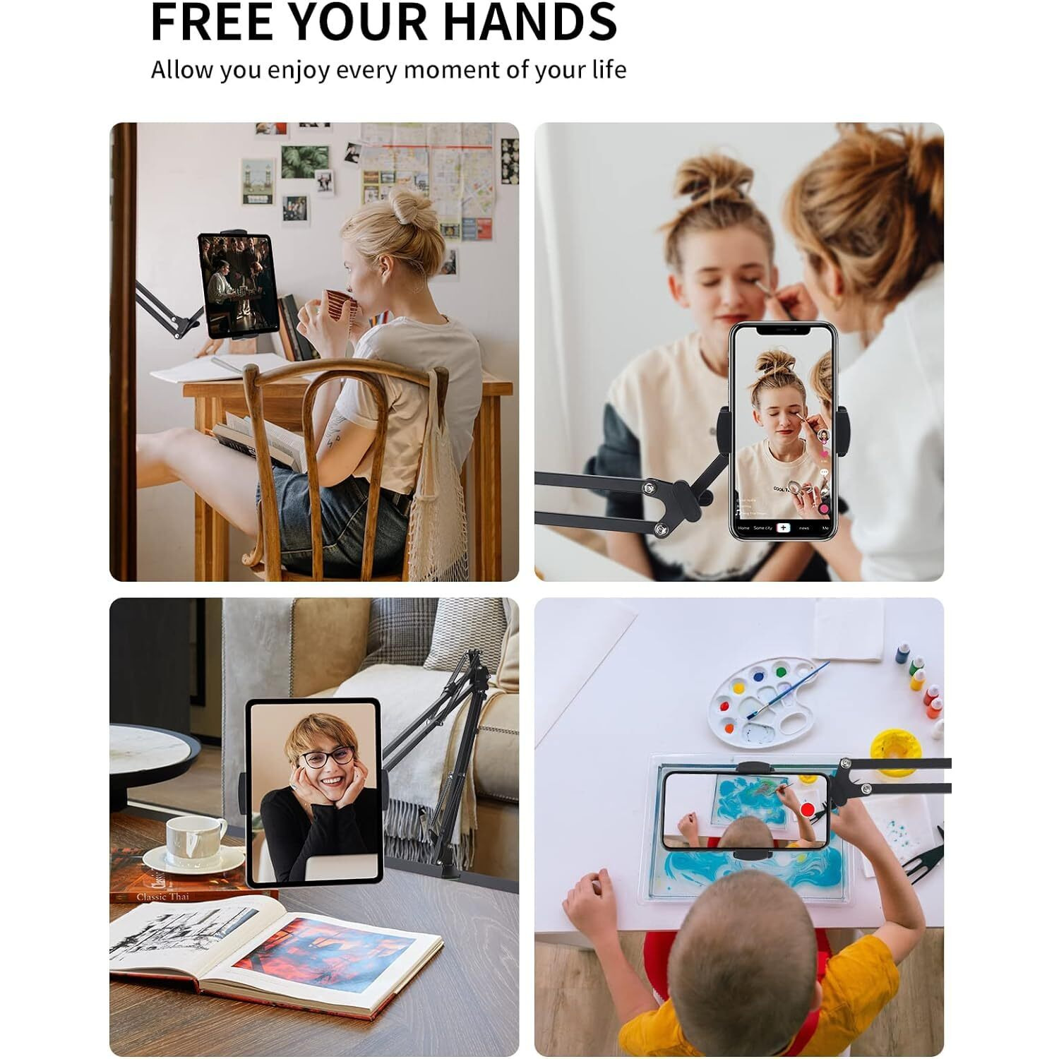 Sounce Lightweight Tabletop Stand Phone Holder, Metal Long Lazy Arm and Bracket for All Mobile for Video Recording, Streaming Video, Office, Compatible with Devices Upto 4-10.6 Inches - Black