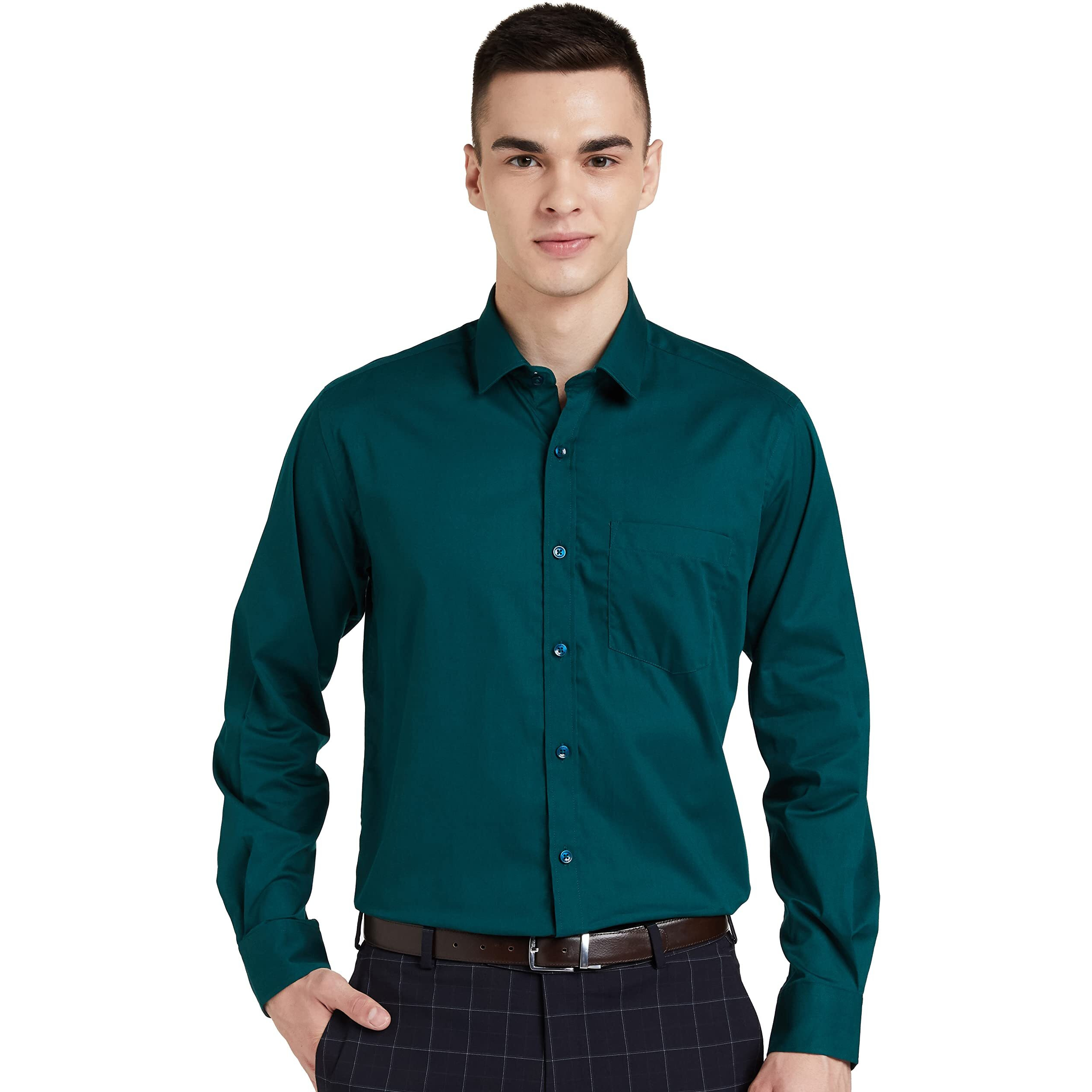 Amazon Brand - Symbol Men's Solid Cotton Formal Shirt | Plain | Full Sleeve - Regular Fit (Available in Plus Size) (Bottle Green_42)