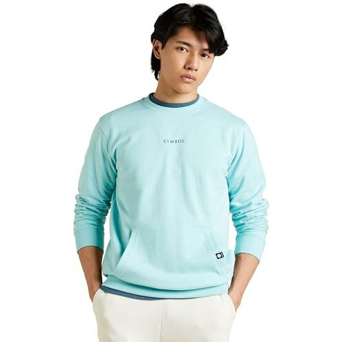 Amazon Brand - Symbol Men's Cotton Rich Light Weight Crew Neck Sweatshirt (Regular Fit) Sea Blue XL