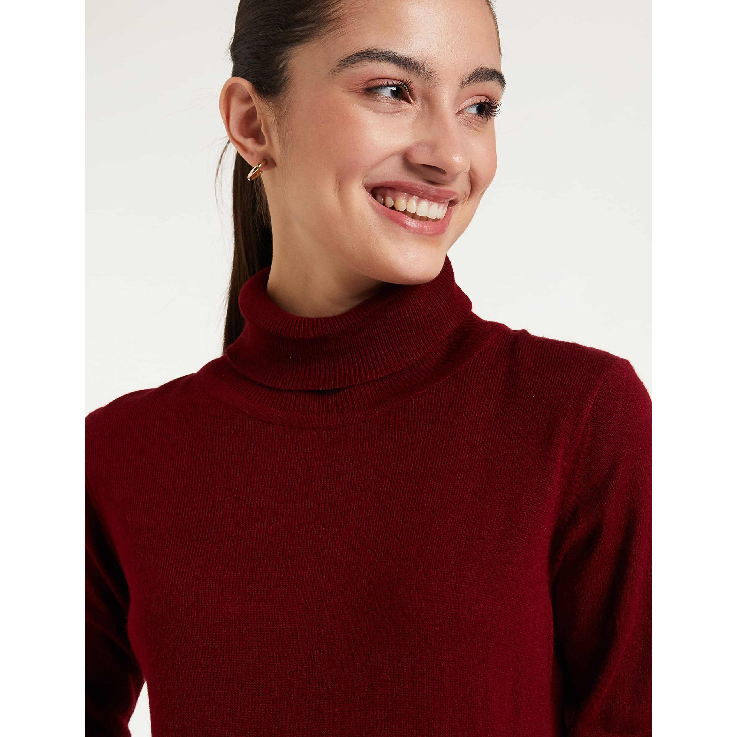 Amazon Brand - Symbol Women's Acrylic High Neck Sweater (SB-AW21SWT-1505_Maron_S_Red, Maroon_S)