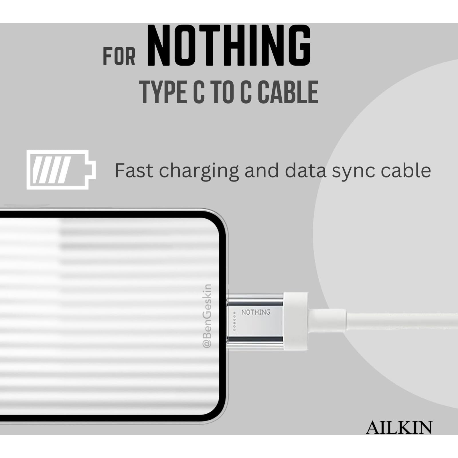 Basesailor Nothing Original USB-C to USB-C Charging Cable For Nothing Devices  Compatible Fast Charging for Nothing Cmf, Nothing Phone 2a/Phone 2/Phone 1, Bud, Laptops & More Type C Devices, White