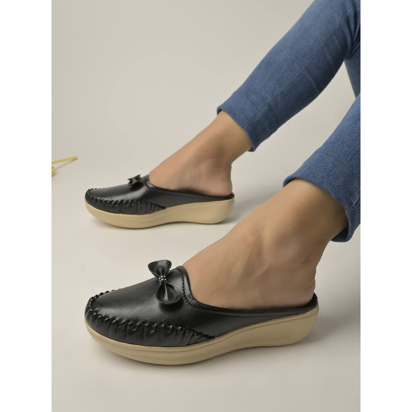 Shoetopia Upper Bow Detailed Black Slip-On Loafers for Women & Girls