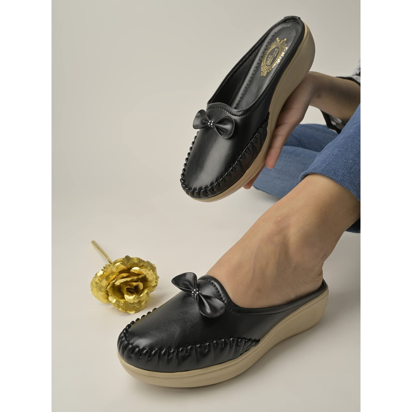 Shoetopia Upper Bow Detailed Black Slip-On Loafers for Women & Girls