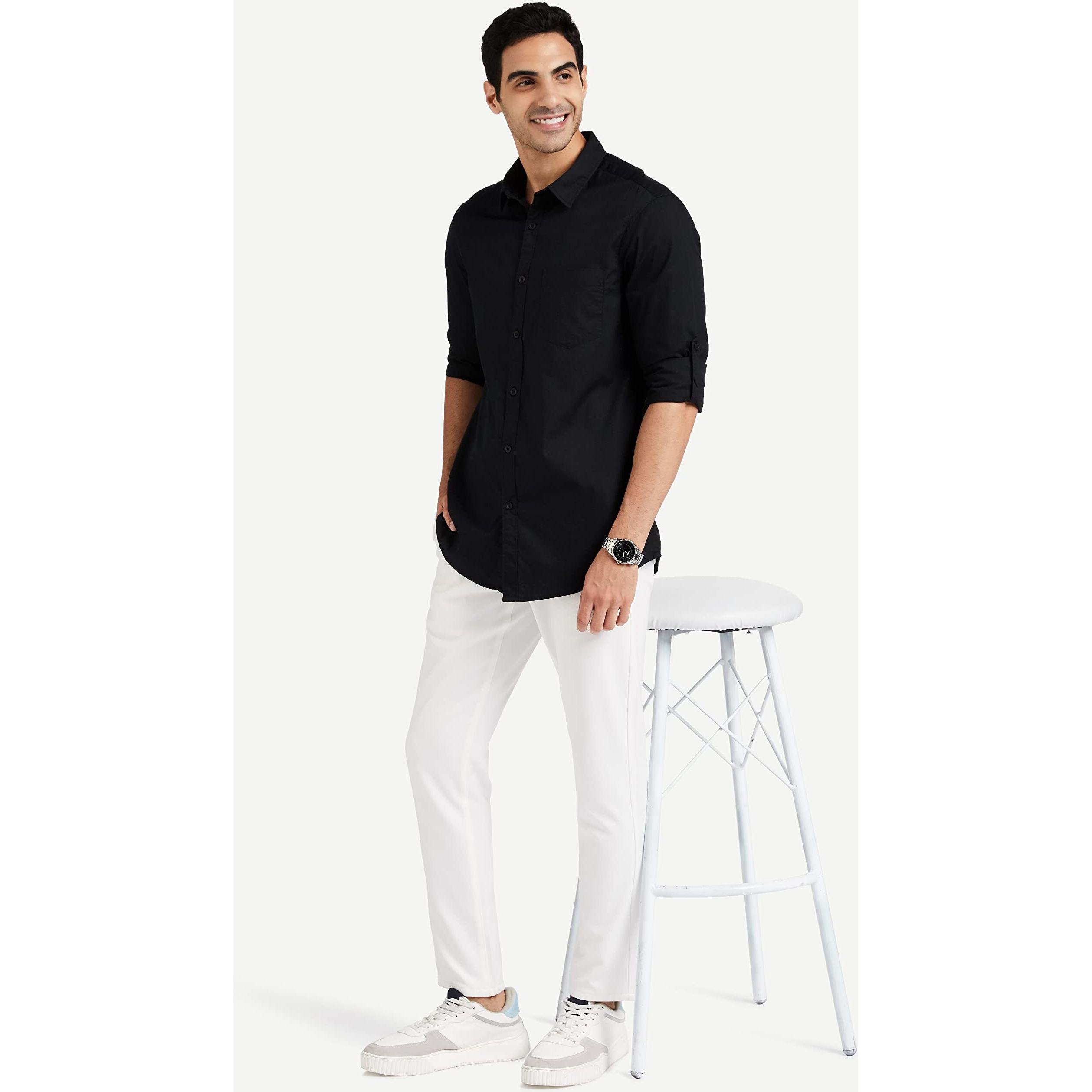 Amazon Brand - Symbol Men's Cotton Shirt | Casual | Plain | Full Sleeve | Summer - Regular Fit (Available in Plus Size) (Black_XL)
