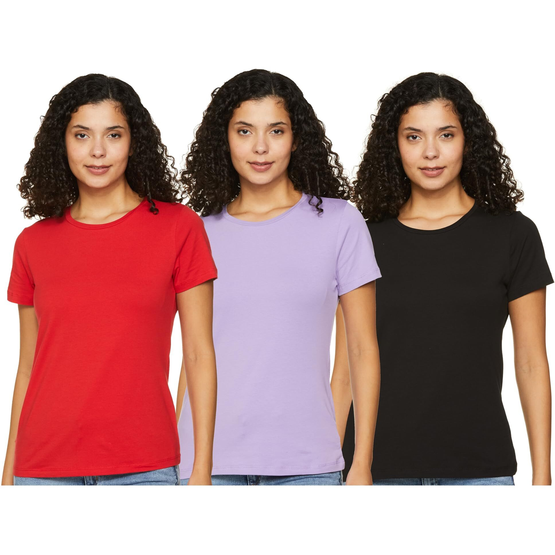 Amazon Brand - Symbol Women's Regular T-Shirt (RN-PO3-COMBO24_Black, Red & Lavendar L)