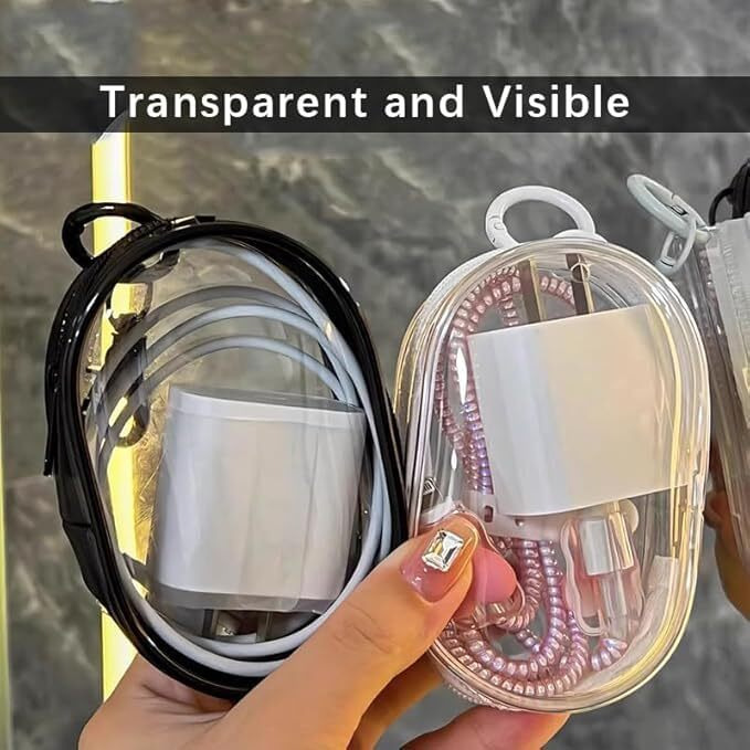 GadgetBite Travel Cable Storage Bag  Compact Clear Organizer for Chargers, Earphones & Data Cables  Portable Storage Solution for Travel, Transparent Data Cable Management (Black & White)