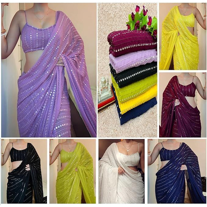 Flosive Women's Thread Sequence Work Georgette Saree With Blouse (LEMON YELLOW)