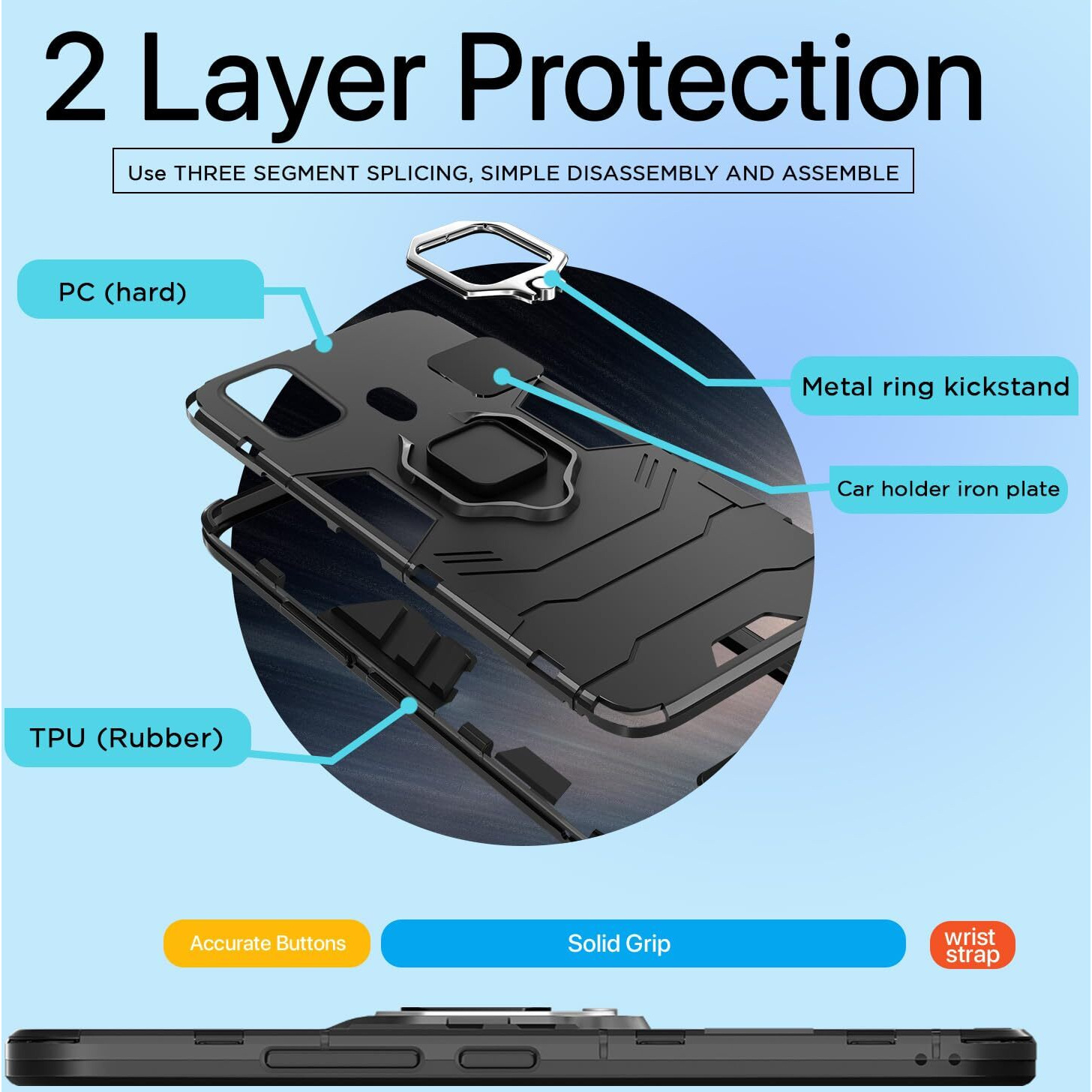 Pikkme Samsung Galaxy M21 / M30s / M21 2021 Back Cover | D5 Tough Armor Bumper | 360 Protection Case | Ring Holder Stand Case (Black)