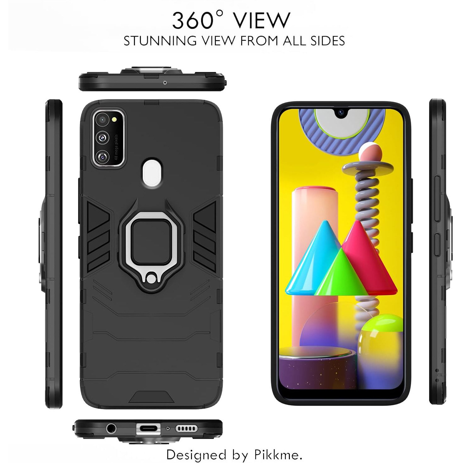 Pikkme Samsung Galaxy M21 / M30s / M21 2021 Back Cover | D5 Tough Armor Bumper | 360 Protection Case | Ring Holder Stand Case (Black)