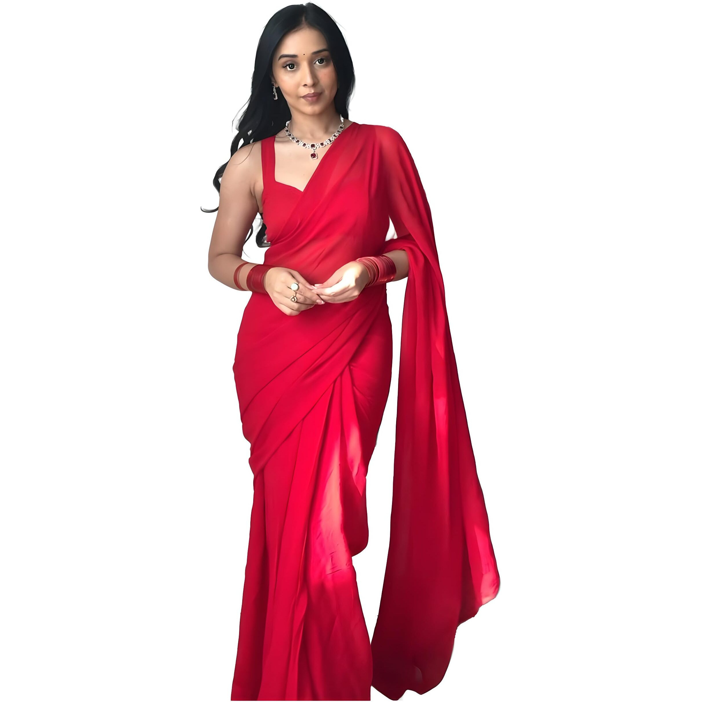 Stylescope Women's Plain Georgette Ready To Wear One Minute Saree With Unstitched Blouse Piece (Kalki Pure Red_Pure Red_Free Size)