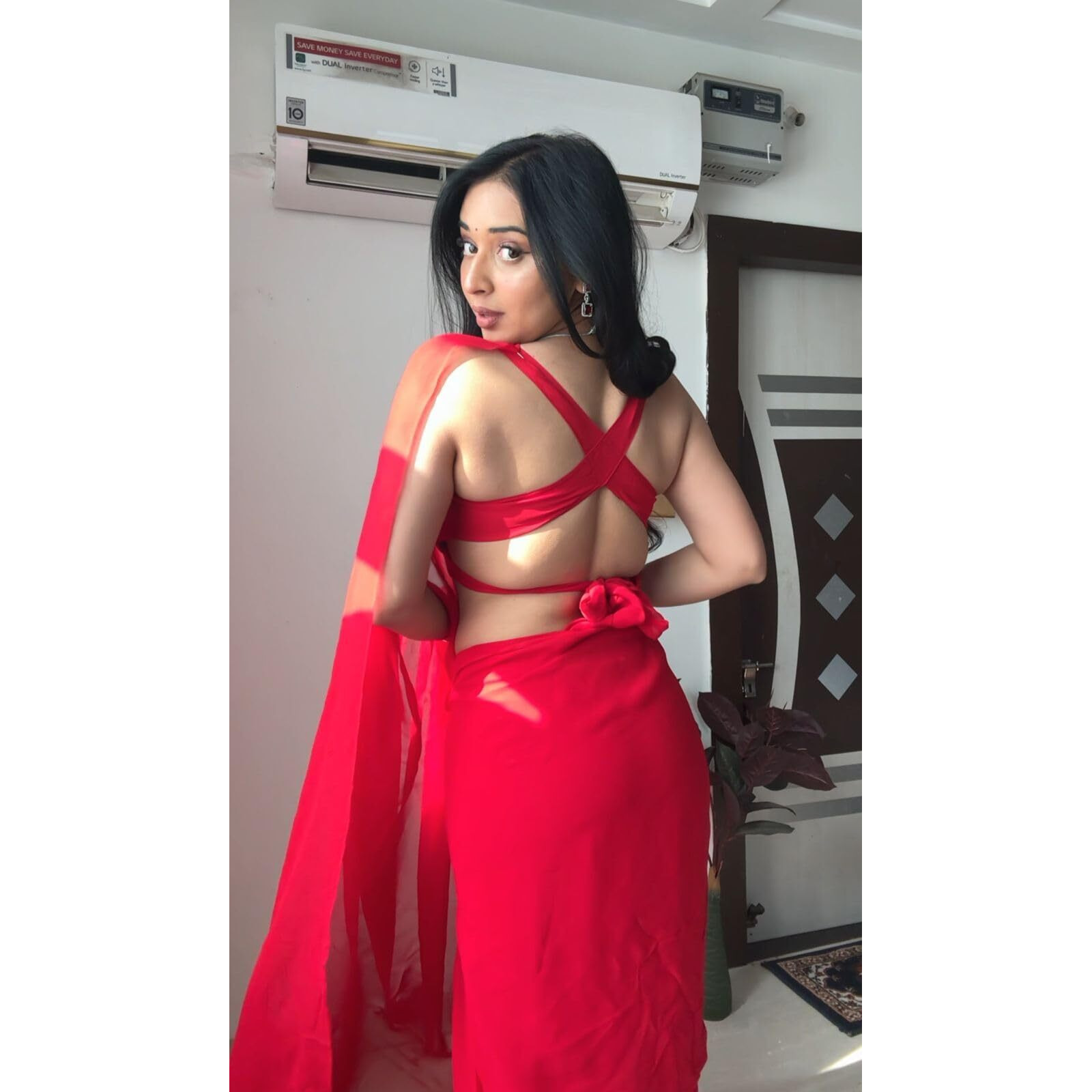 Stylescope Women's Plain Georgette Ready To Wear One Minute Saree With Unstitched Blouse Piece (Kalki Pure Red_Pure Red_Free Size)