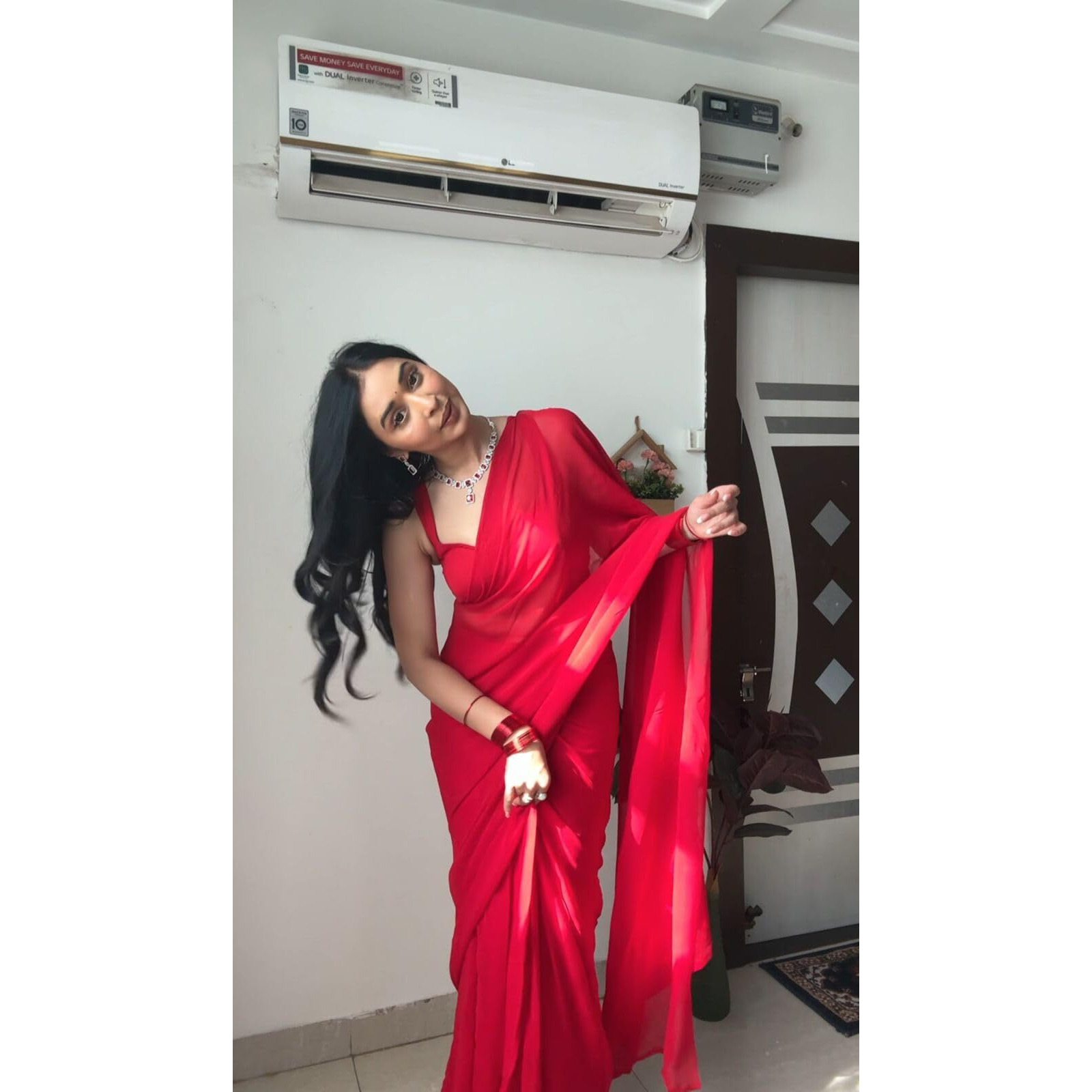 Stylescope Women's Plain Georgette Ready To Wear One Minute Saree With Unstitched Blouse Piece (Kalki Pure Red_Pure Red_Free Size)
