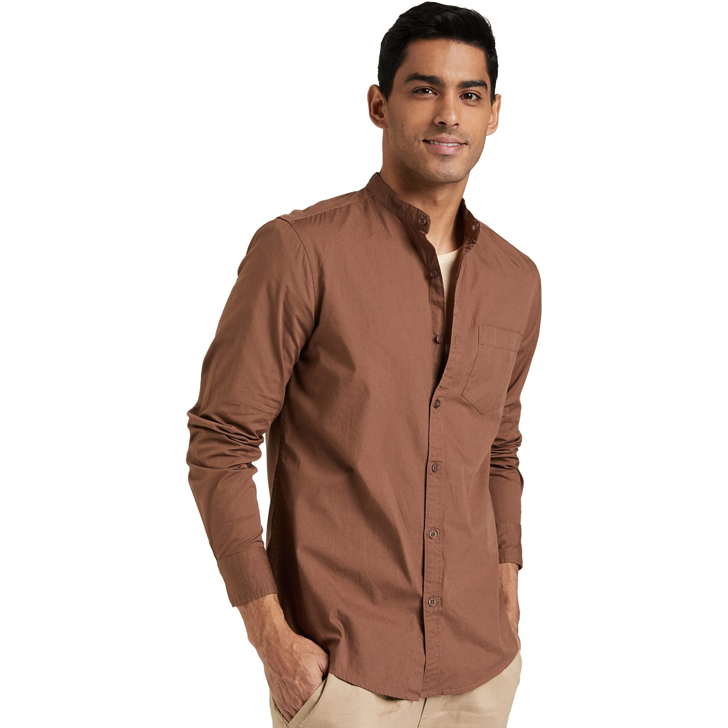 Amazon Brand - Symbol Men's Cotton Shirt | Chinese Collar | Casual | Plain | Full Sleeve | Summer - Regular Fit (Available in Plus Size) (Brown_M)