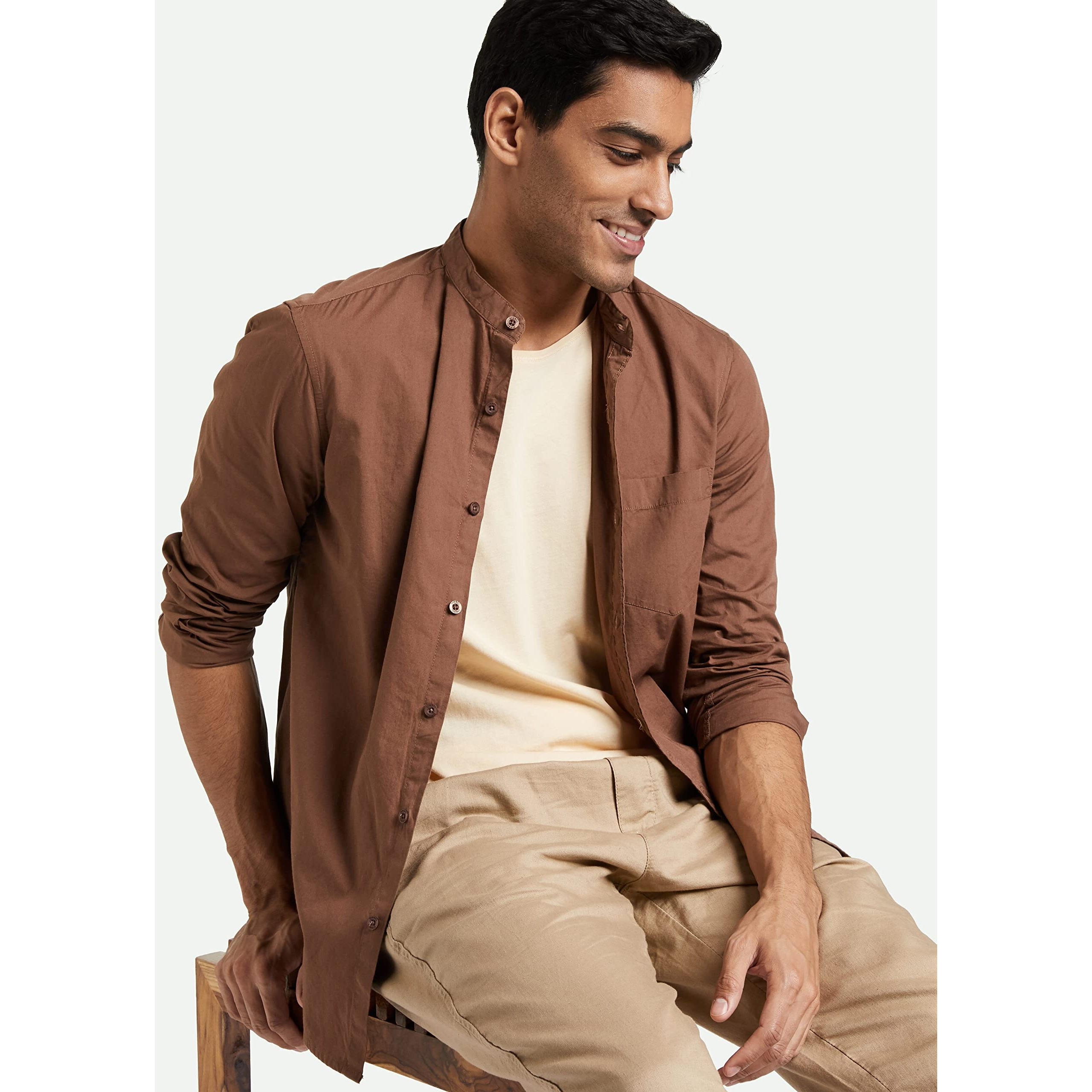 Amazon Brand - Symbol Men's Cotton Shirt | Chinese Collar | Casual | Plain | Full Sleeve | Summer - Regular Fit (Available in Plus Size) (Brown_M)