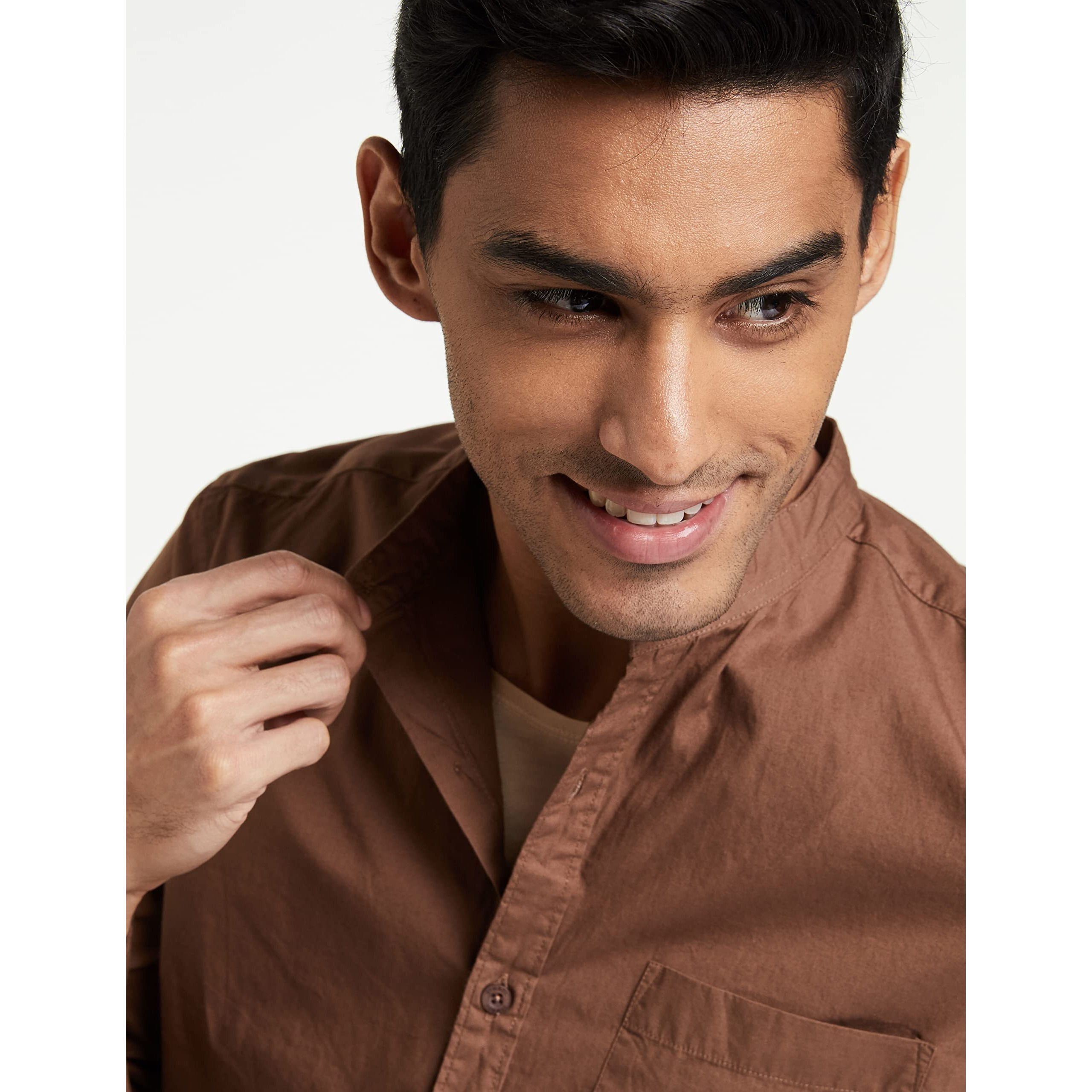 Amazon Brand - Symbol Men's Cotton Shirt | Chinese Collar | Casual | Plain | Full Sleeve | Summer - Regular Fit (Available in Plus Size) (Brown_M)