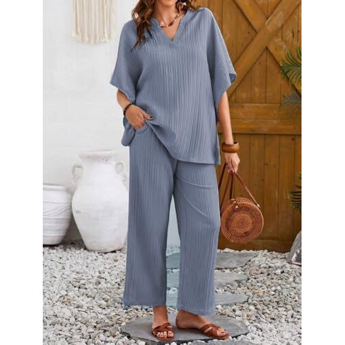 TADKEE Women's Solid Color V-Neck Kaftan Sleeve Co-ord Set for Women | Casual Wear Co ord Set | Kurta Set for Women (FN-Sugar-Cord-121-Aqua-M)