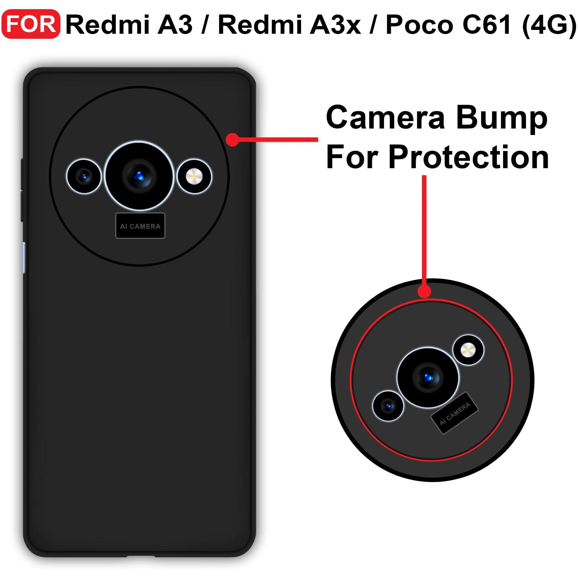 CEDO Redmi A3 / Redmi A3x / Poco C61 (4G) Back Cover | Camera Bump Protection & Inner Velvet Fabric Lining | Ultra Slim Matte Soft Rubberised Case Cover (Black)