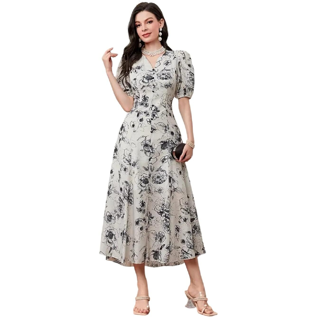 Bollyclues Women's Rayon Fit and Flare Printed Cap Sleeve V-Neck Casual Maxi Dress(MX-01) Multicolour