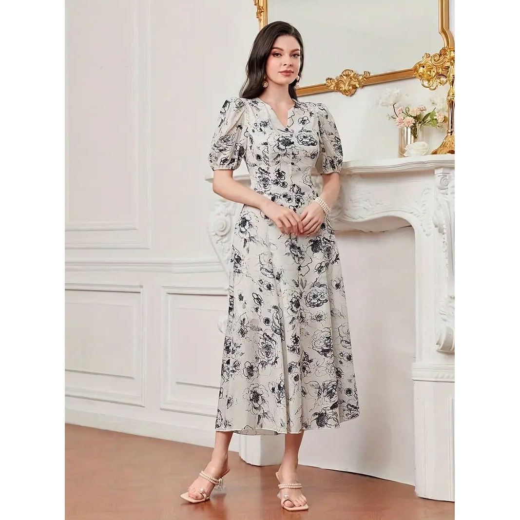 Bollyclues Women's Rayon Fit and Flare Printed Cap Sleeve V-Neck Casual Maxi Dress(MX-01) Multicolour