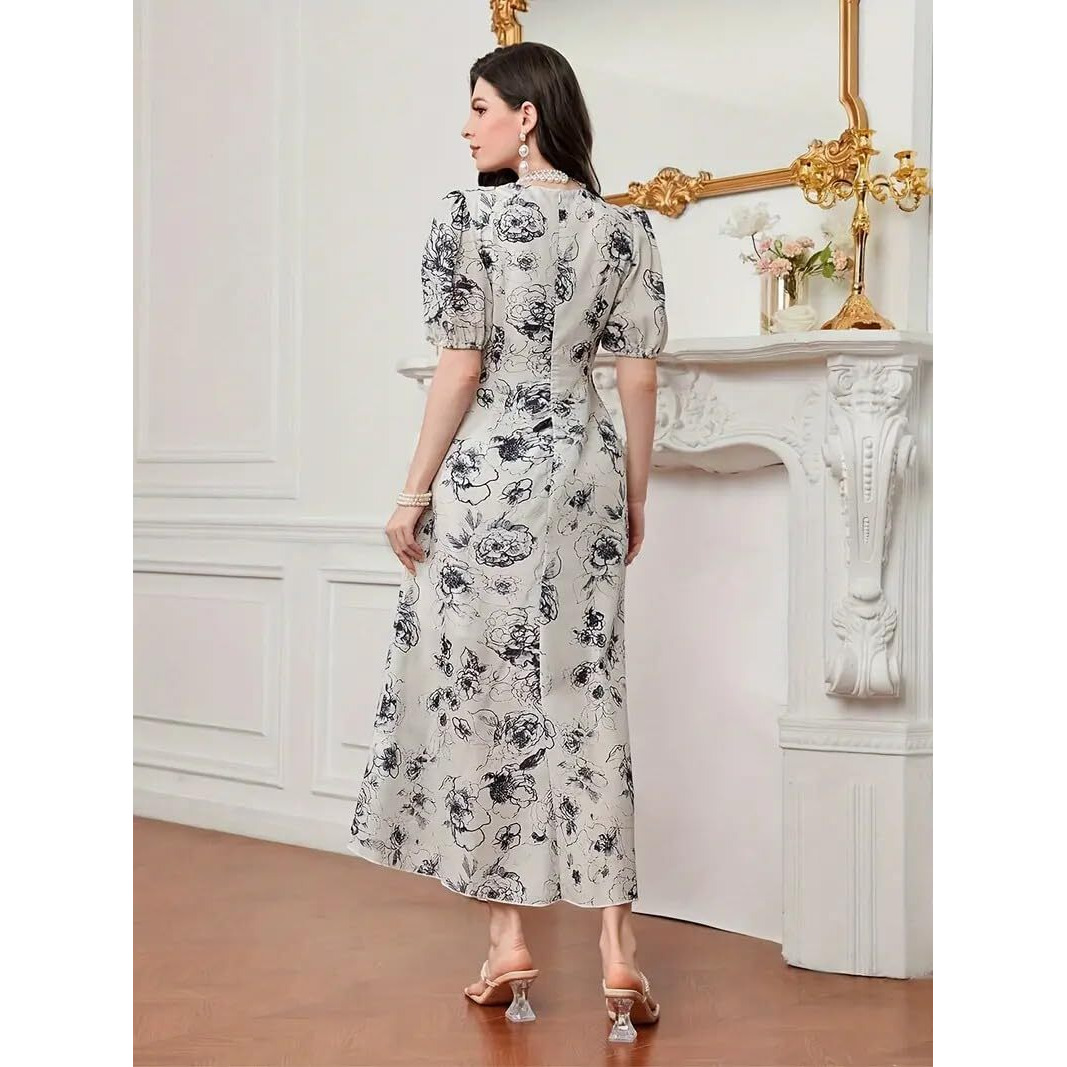 Bollyclues Women's Rayon Fit and Flare Printed Cap Sleeve V-Neck Casual Maxi Dress(MX-01) Multicolour