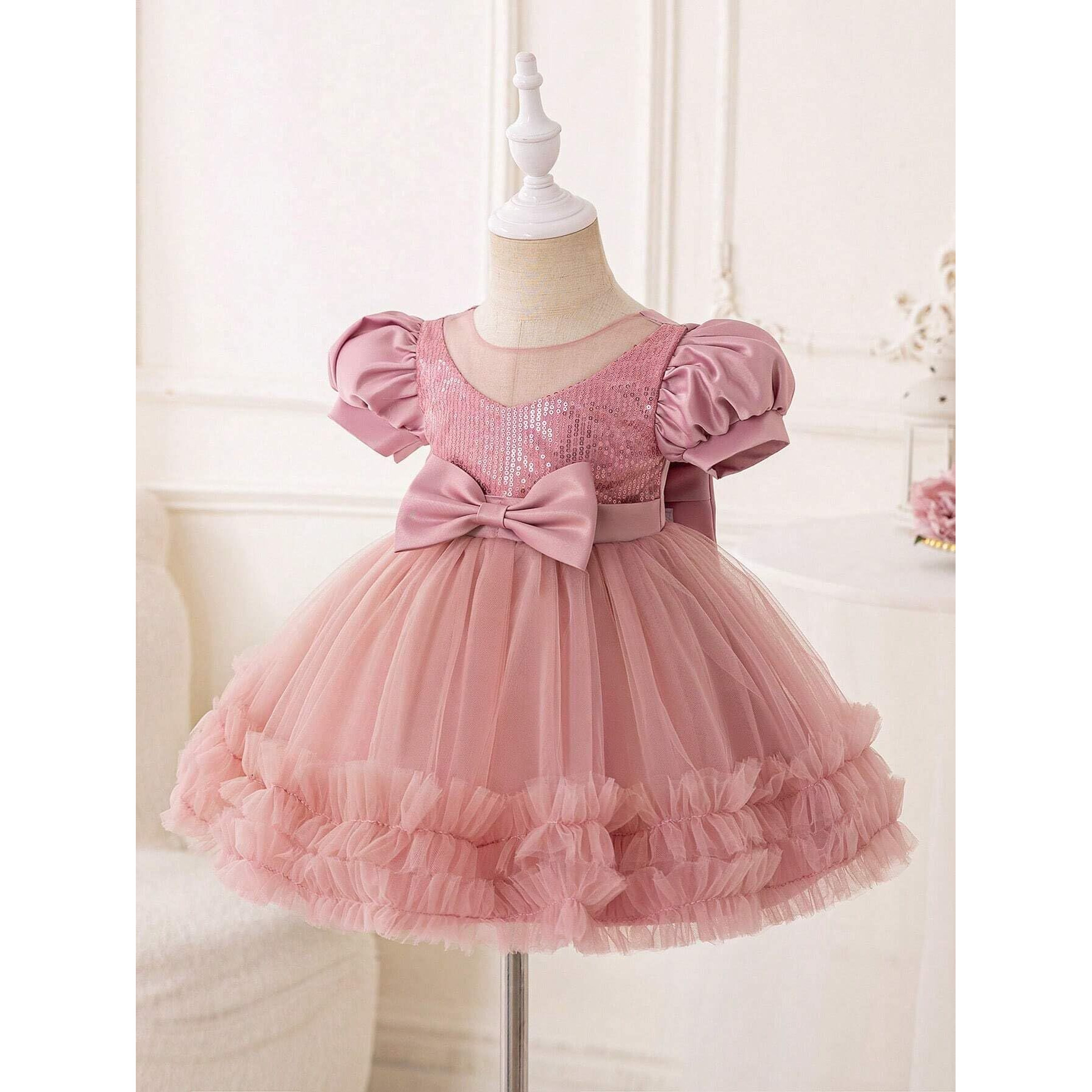 Niren Enterprise Rollar Frock net Embroidery Work Ruffle Patterned Flared Short Sleeve Baby Girl Frock, Pack of 1 (3-6 Months) Orange