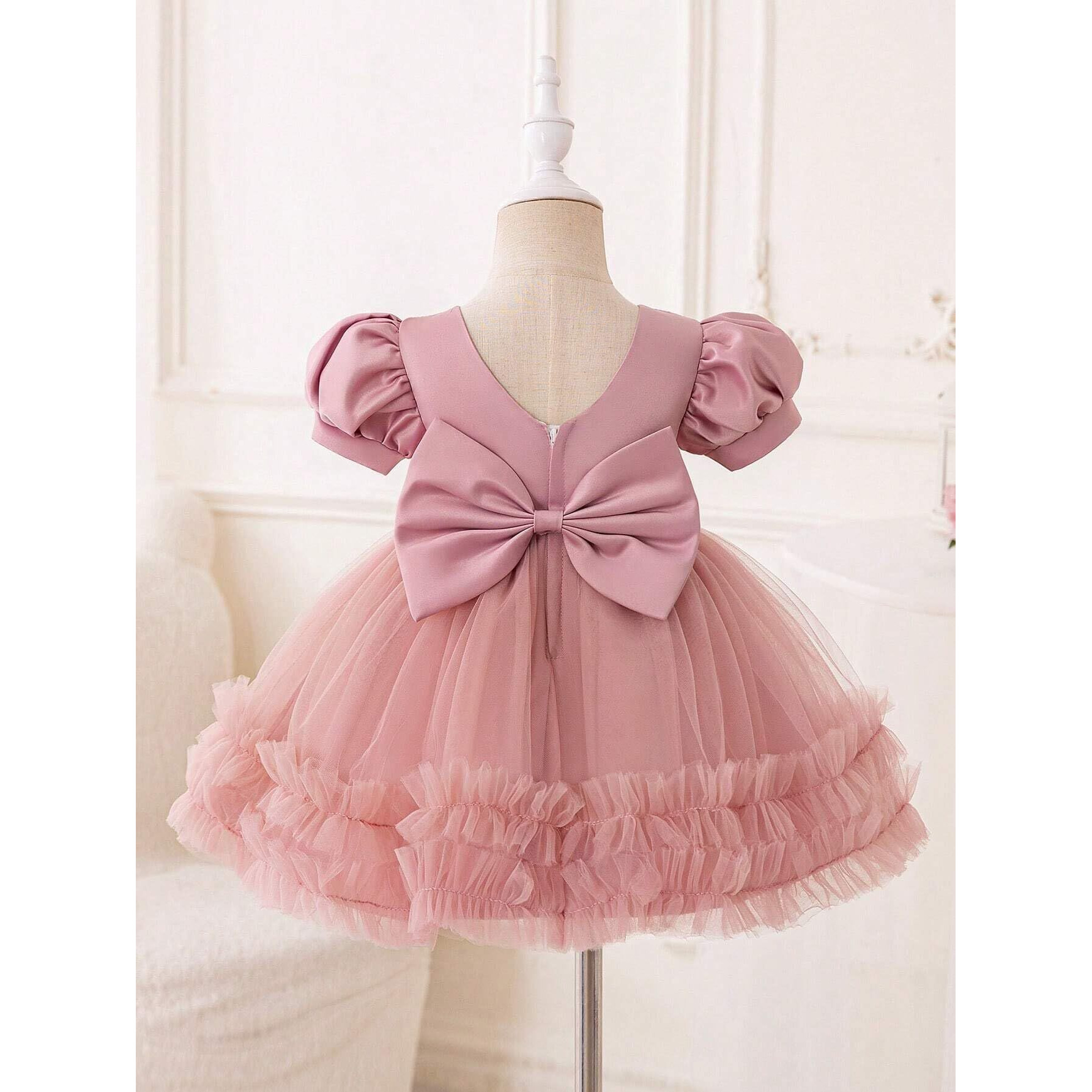Niren Enterprise Rollar Frock net Embroidery Work Ruffle Patterned Flared Short Sleeve Baby Girl Frock, Pack of 1 (3-6 Months) Orange