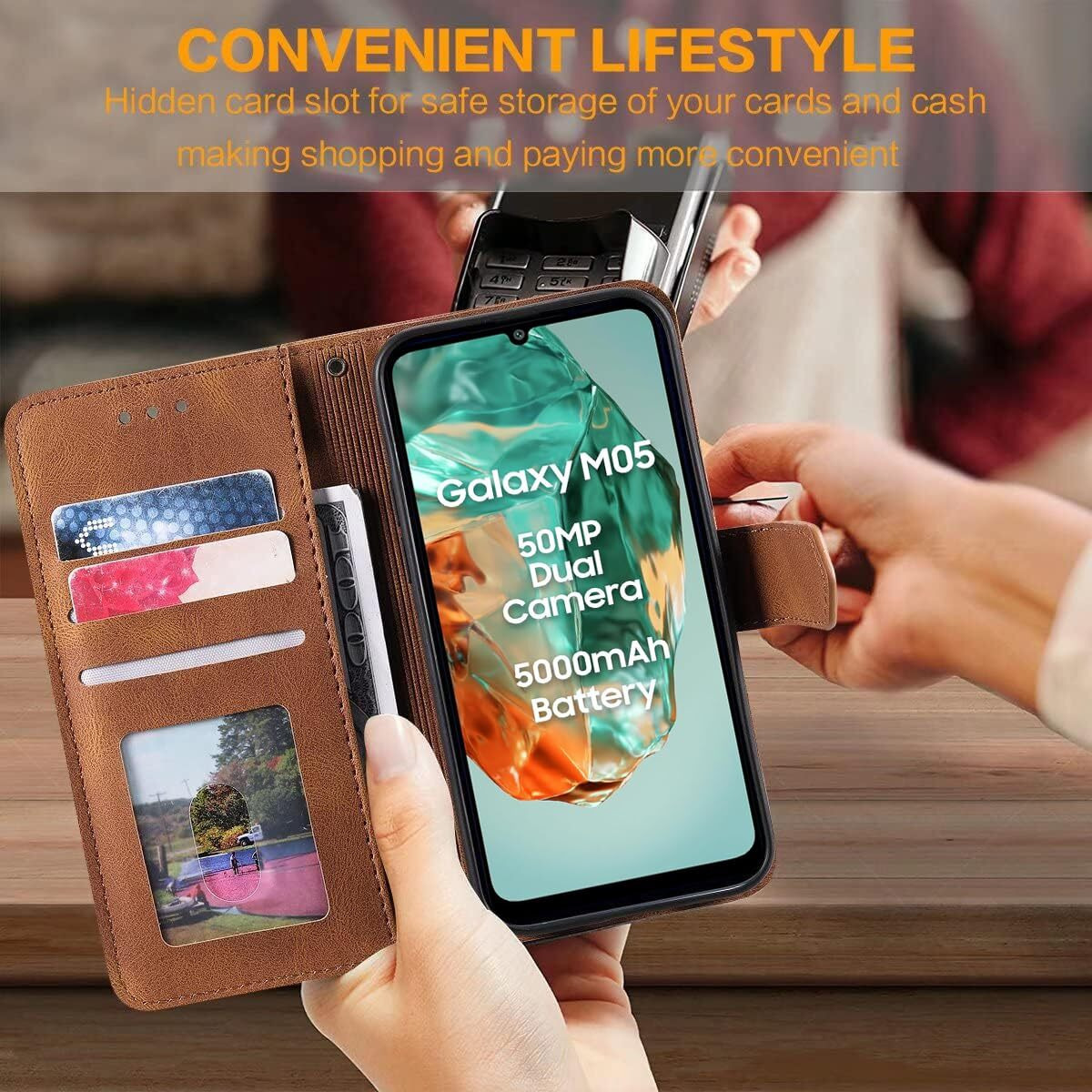 GoldKart Flip Back Cover Case for Samsung Galaxy M05 / A05 / F05 | Dual-Color Leather Finish | Inbuilt Stand & Pockets | Flip Cover for Samsung Galaxy M05 / A05 / F05 (Faux Leather, Brown)