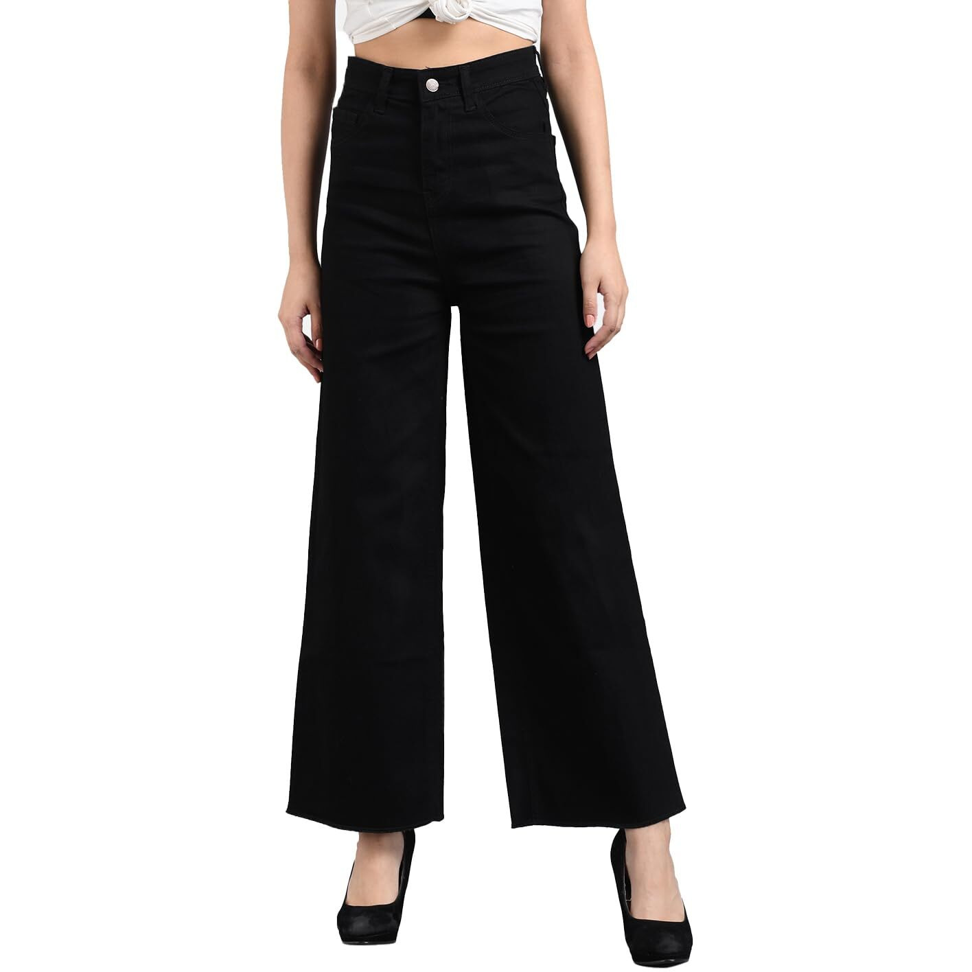 KOTTY Womens High Rise Cotton Lycra Clean Look Regular Length Flared Denim Jeans Black (Black,XXL)_KTTLADIESJEANS670XXL