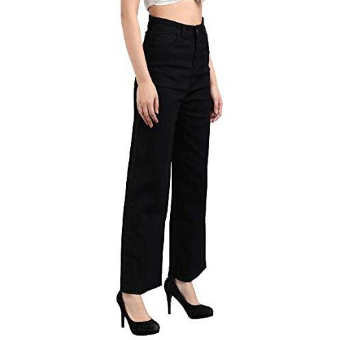 KOTTY Womens High Rise Cotton Lycra Clean Look Regular Length Flared Denim Jeans Black (Black,XXL)_KTTLADIESJEANS670XXL