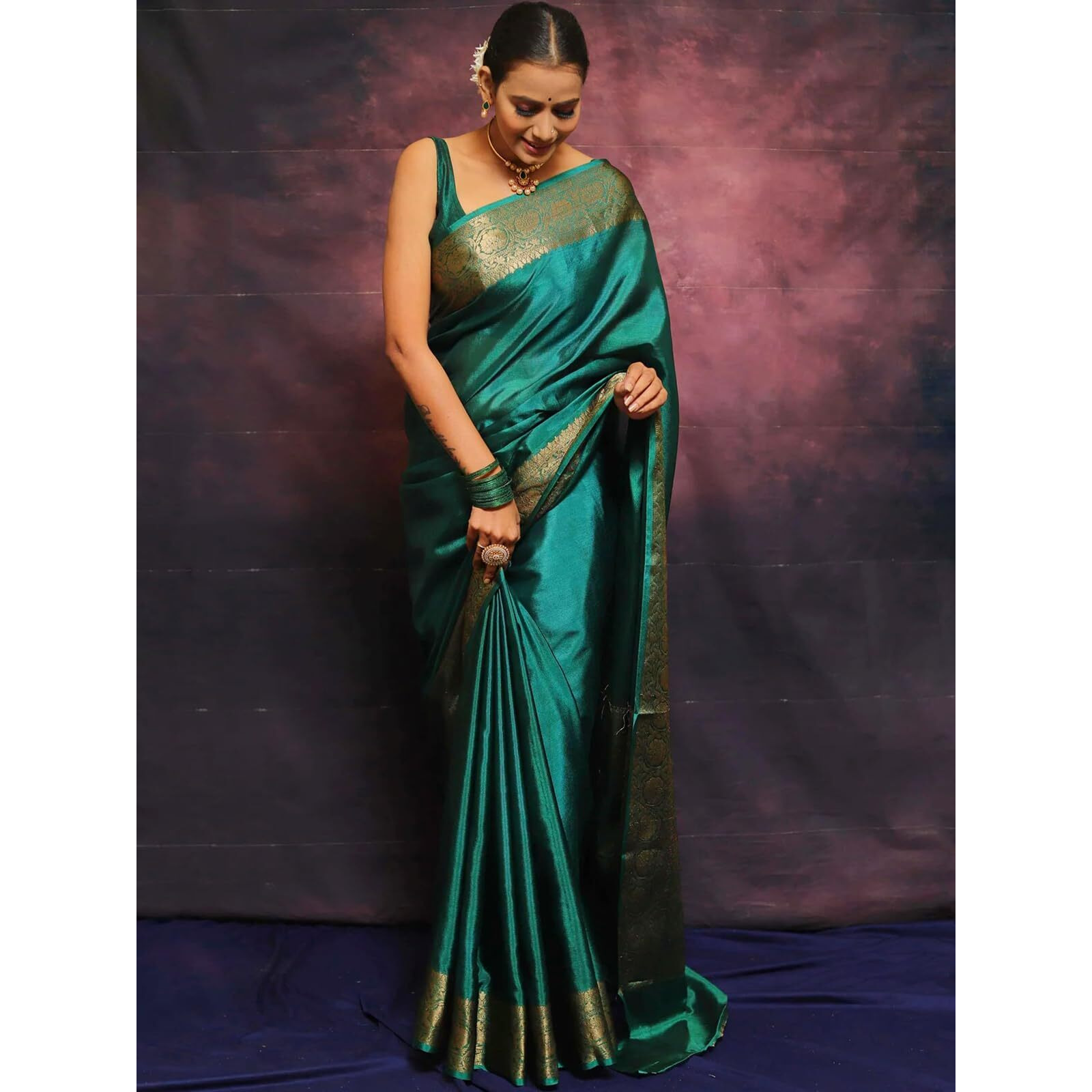 SAMAH Women's Jacquard Silk Saree (3730S393N_Teal Green)