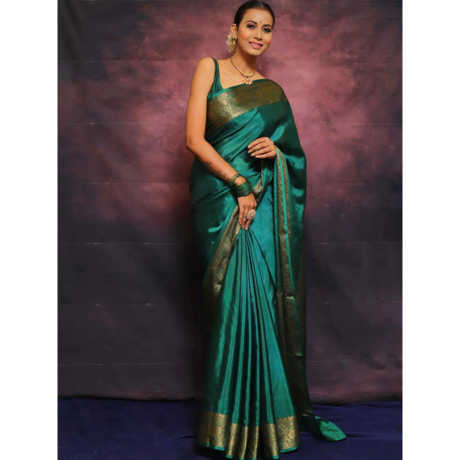 SAMAH Women's Jacquard Silk Saree (3730S393N_Teal Green)