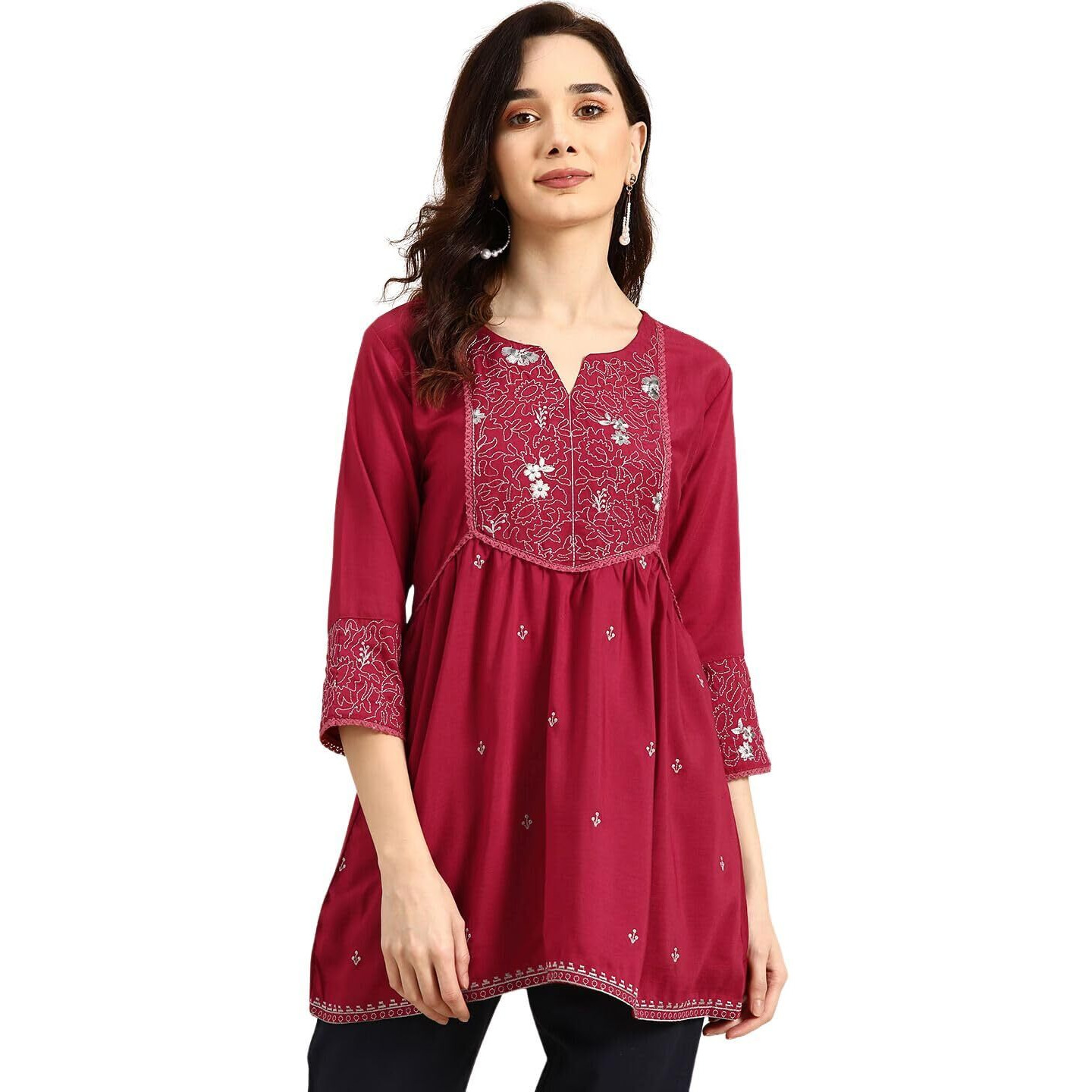 rytras Women's Embroidered Regular Fit Top(Maroon,M)