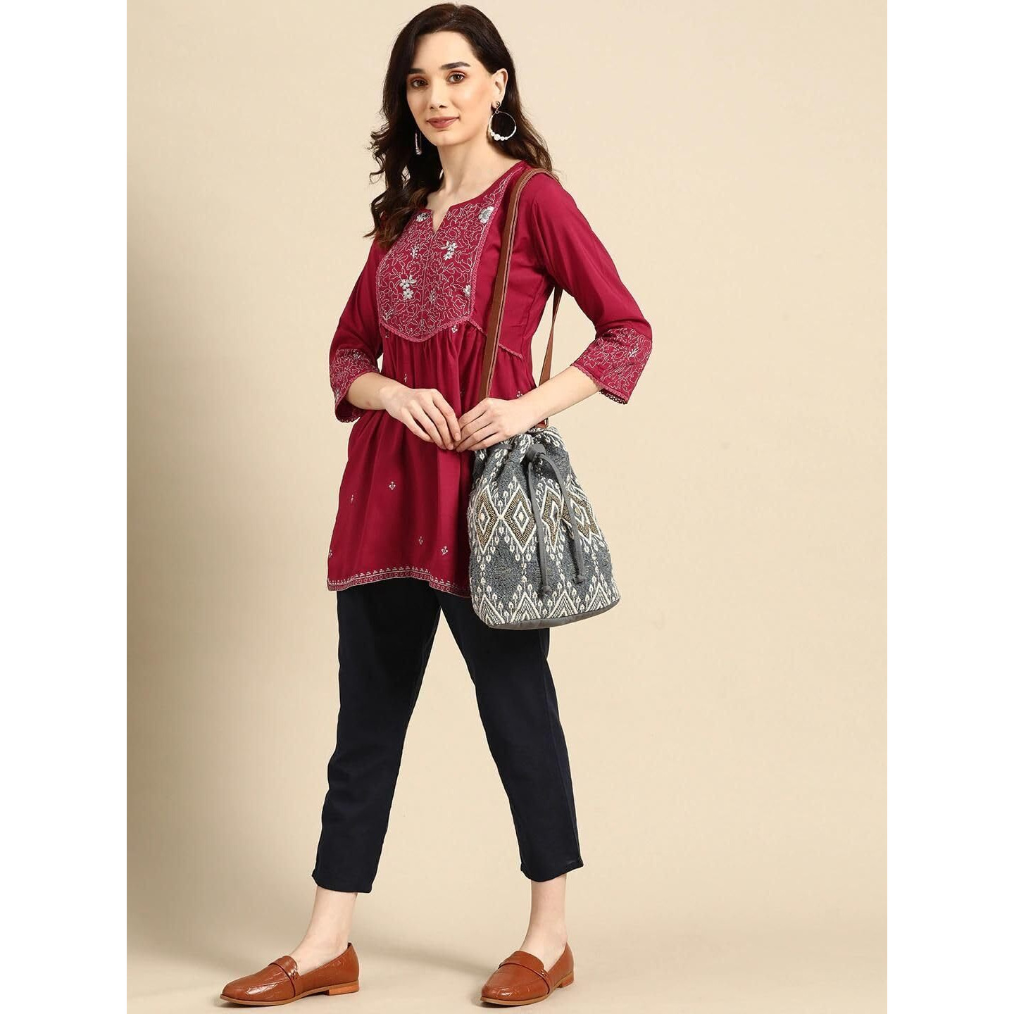 rytras Women's Embroidered Regular Fit Top(Maroon,M)