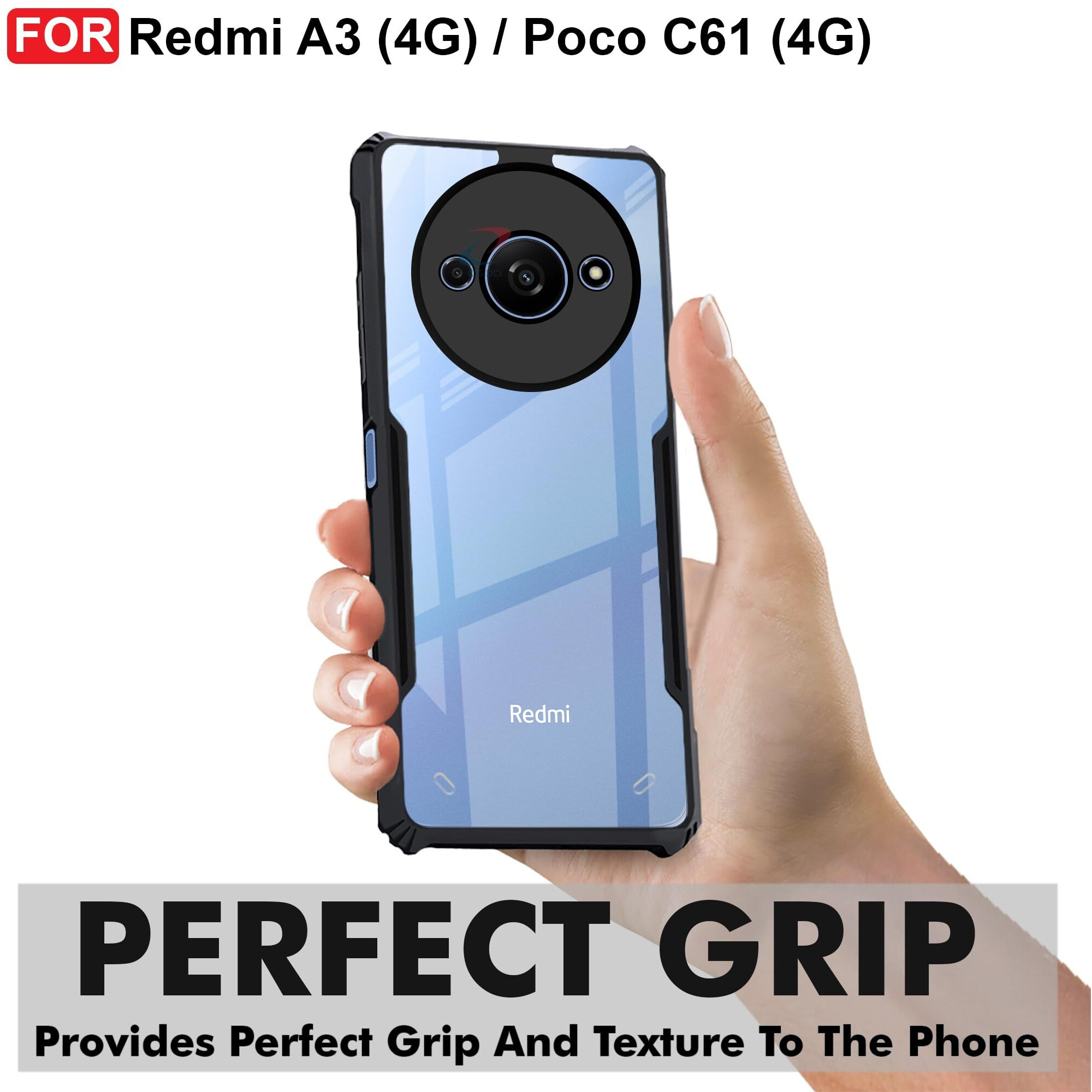 CEDO Redmi A3 / Redmi A3x / Poco C61 (4G) Back Case Cover | Camera Protection Shockproof Bumper-Edge | Acrylic Crystal Clear 360 Degree Protection TPU+PC | Transparent Eagle Back Case Cover (Black)