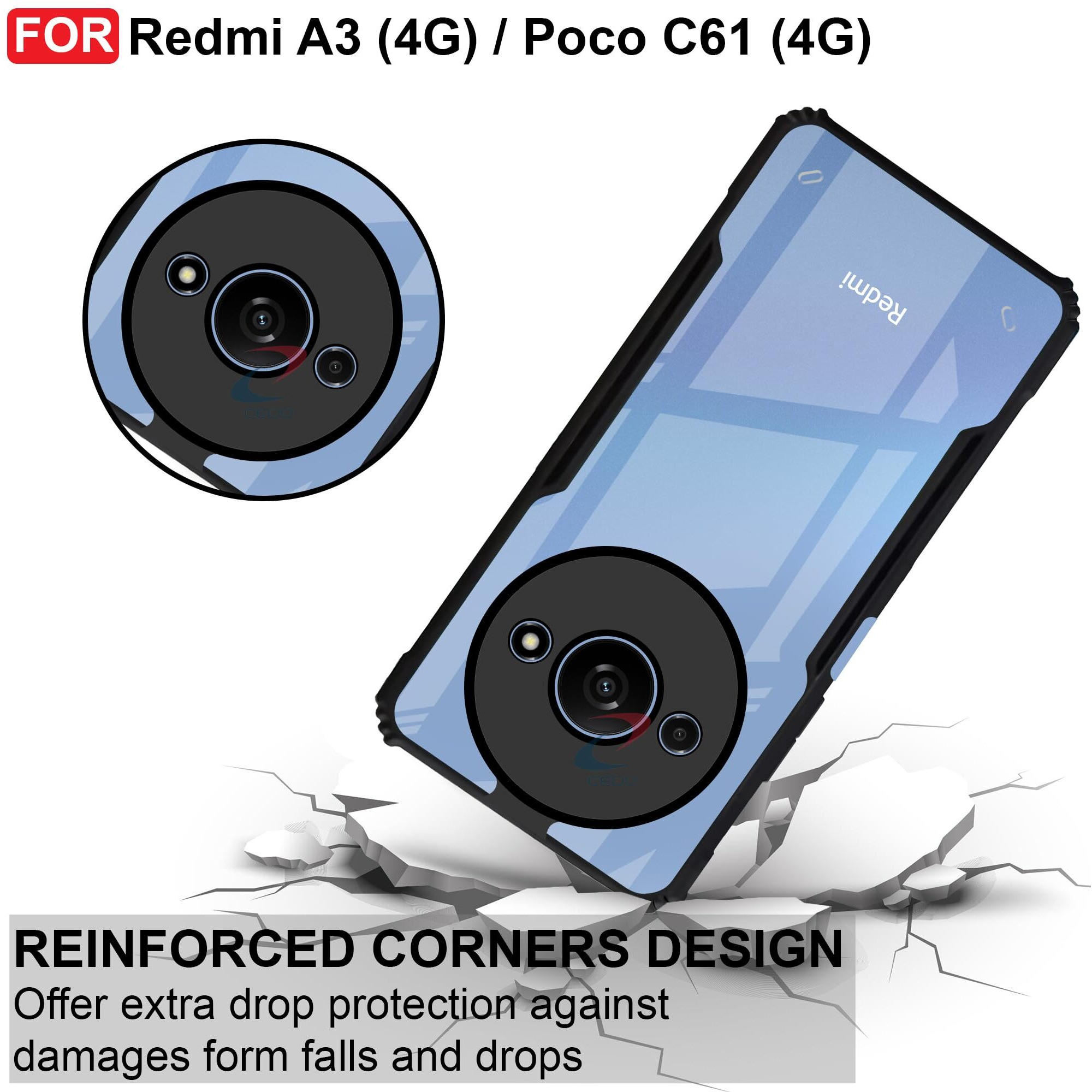 CEDO Redmi A3 / Redmi A3x / Poco C61 (4G) Back Case Cover | Camera Protection Shockproof Bumper-Edge | Acrylic Crystal Clear 360 Degree Protection TPU+PC | Transparent Eagle Back Case Cover (Black)