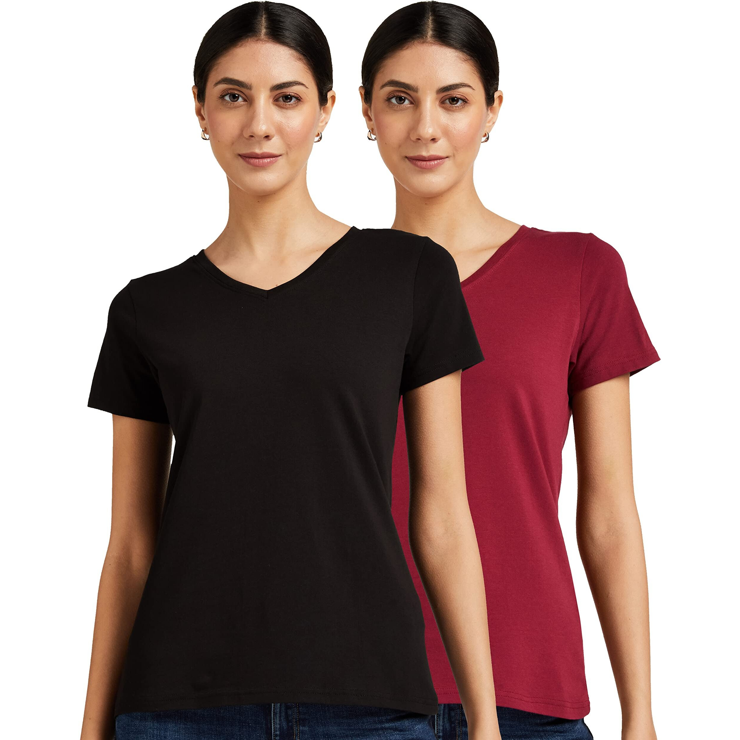 Amazon Brand - Symbol Women's Regular T-Shirt (Pack of 2) (SYMAW19VN09_Sangria & Black XL)
