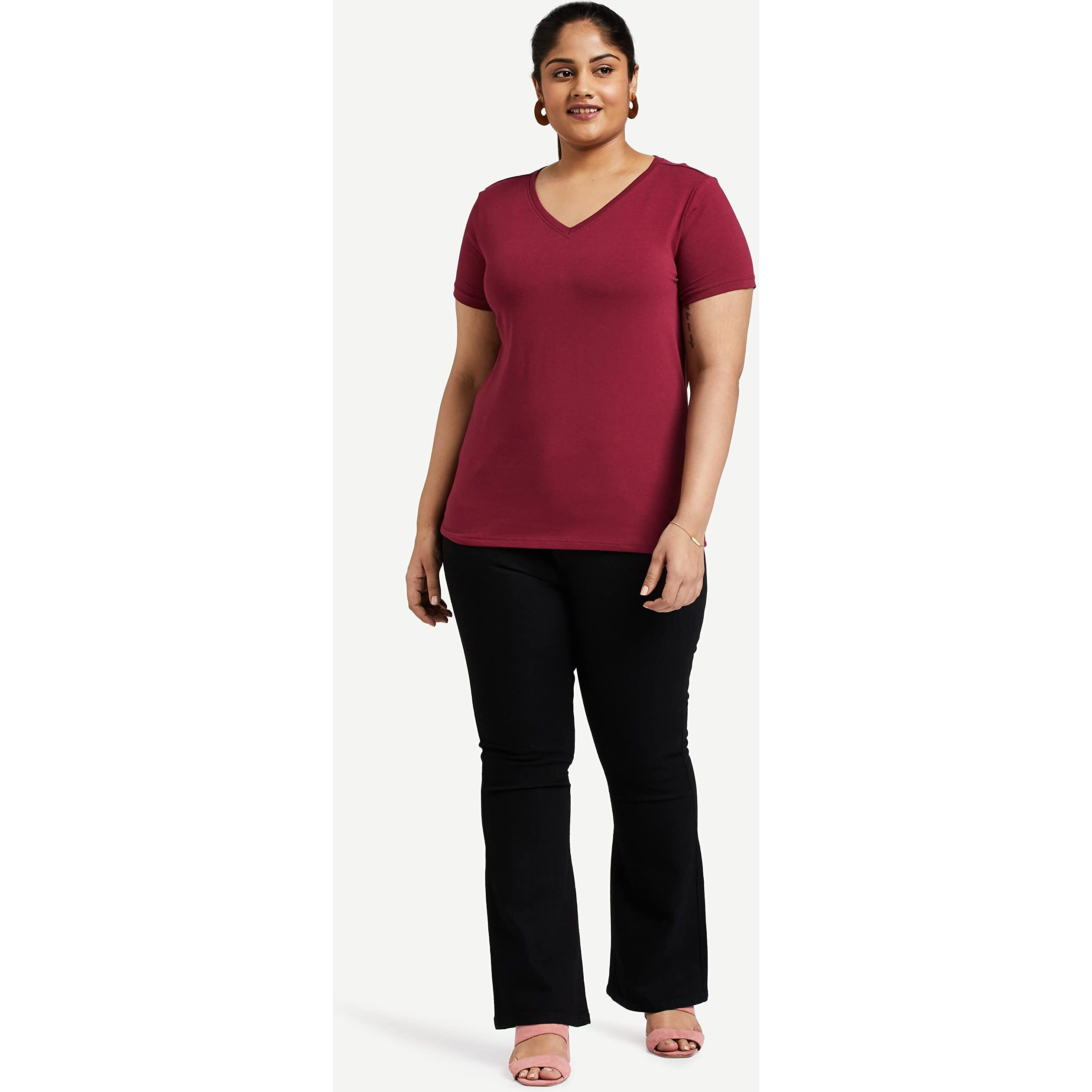 Amazon Brand - Symbol Women's Regular T-Shirt (Pack of 2) (SYMAW19VN09_Sangria & Black XL)