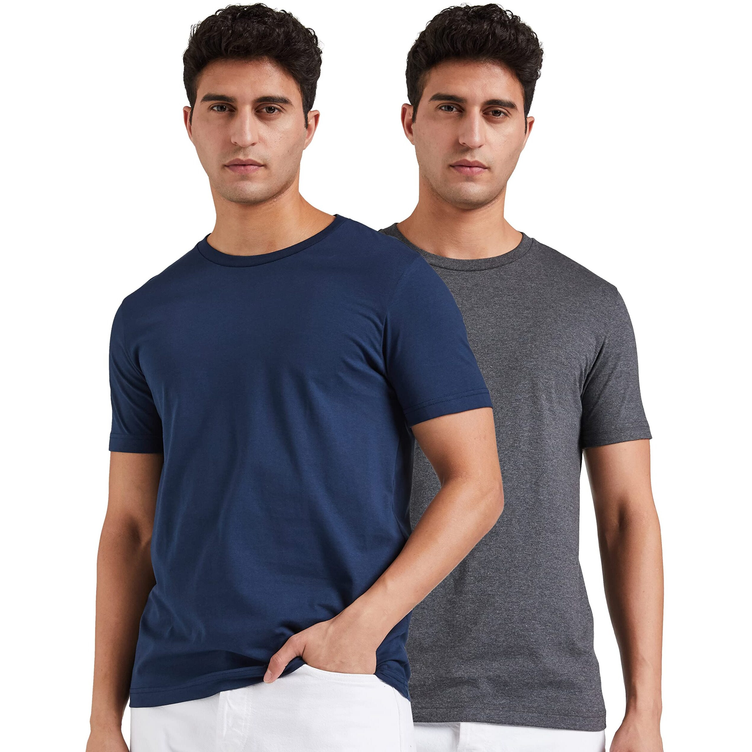 Amazon Brand - Symbol Men's Cotton T Shirt | Round Neck | Half Sleeve | Plain | Combo Pack of 2 - Regular Fit (Available in Plus Size) (Iris Navy & Dark Grey Melange_XL)