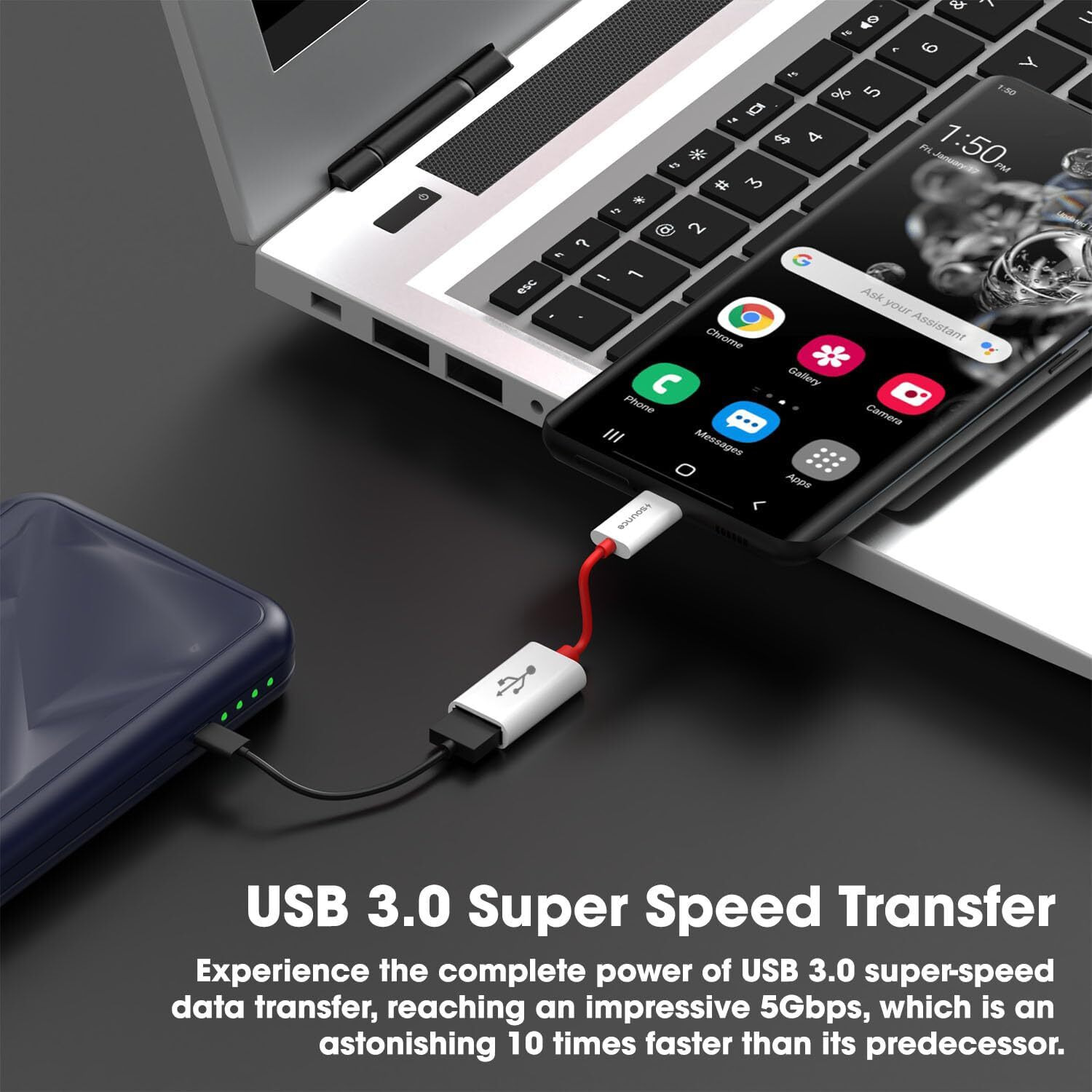 Sounce USB 3.0 to Type-C OTG Cable Male-Female Adapter Compatible with All C Type Supported Mobile Smartphone and Other Devices (White & Red) (TCOTG)