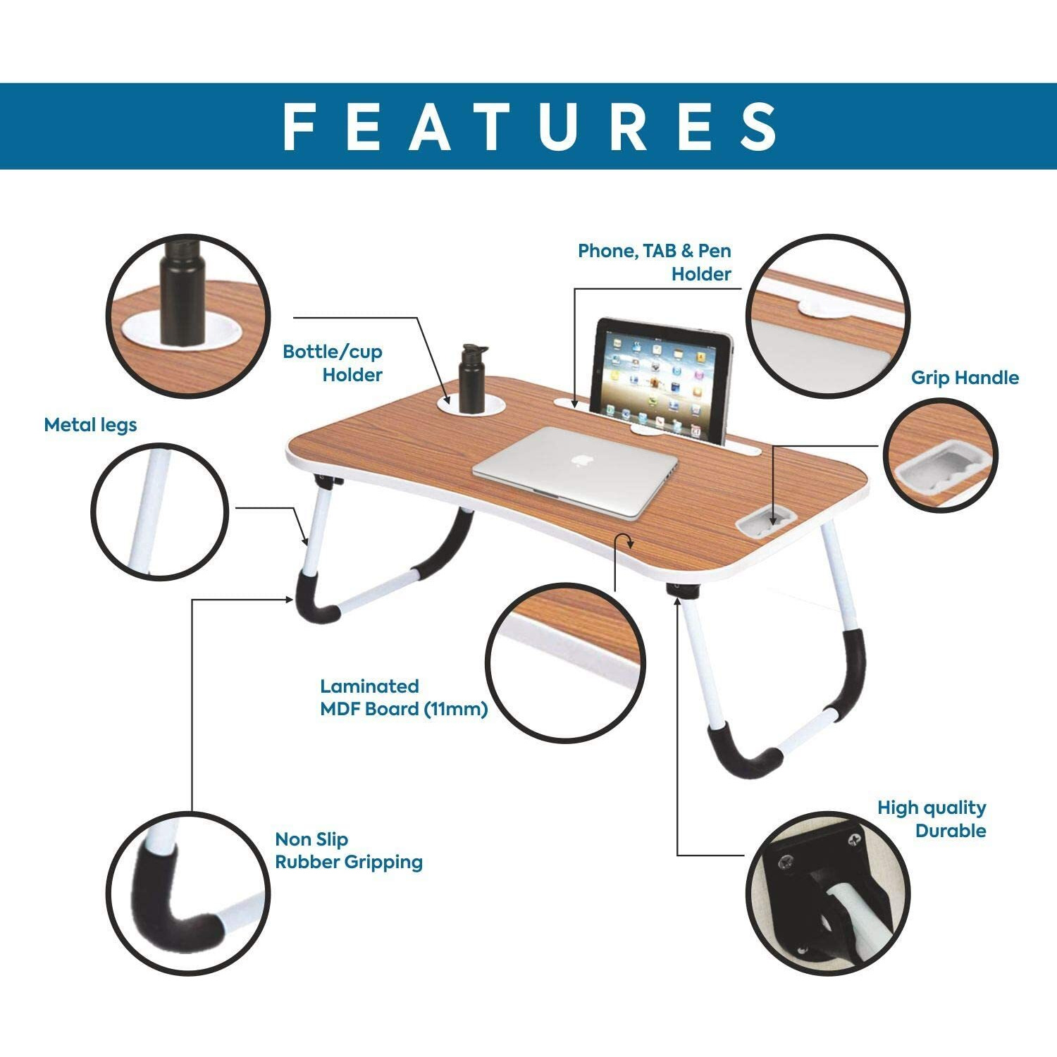 Callas Multipurpose Foldable Laptop Table with Cup Holder | Drawer | Mac Holder | Table Holder Study Table, Breakfast Table, Foldable and Portable/Ergonomic & Rounded Edges/Non-Slip Legs (CA-27-Brown)