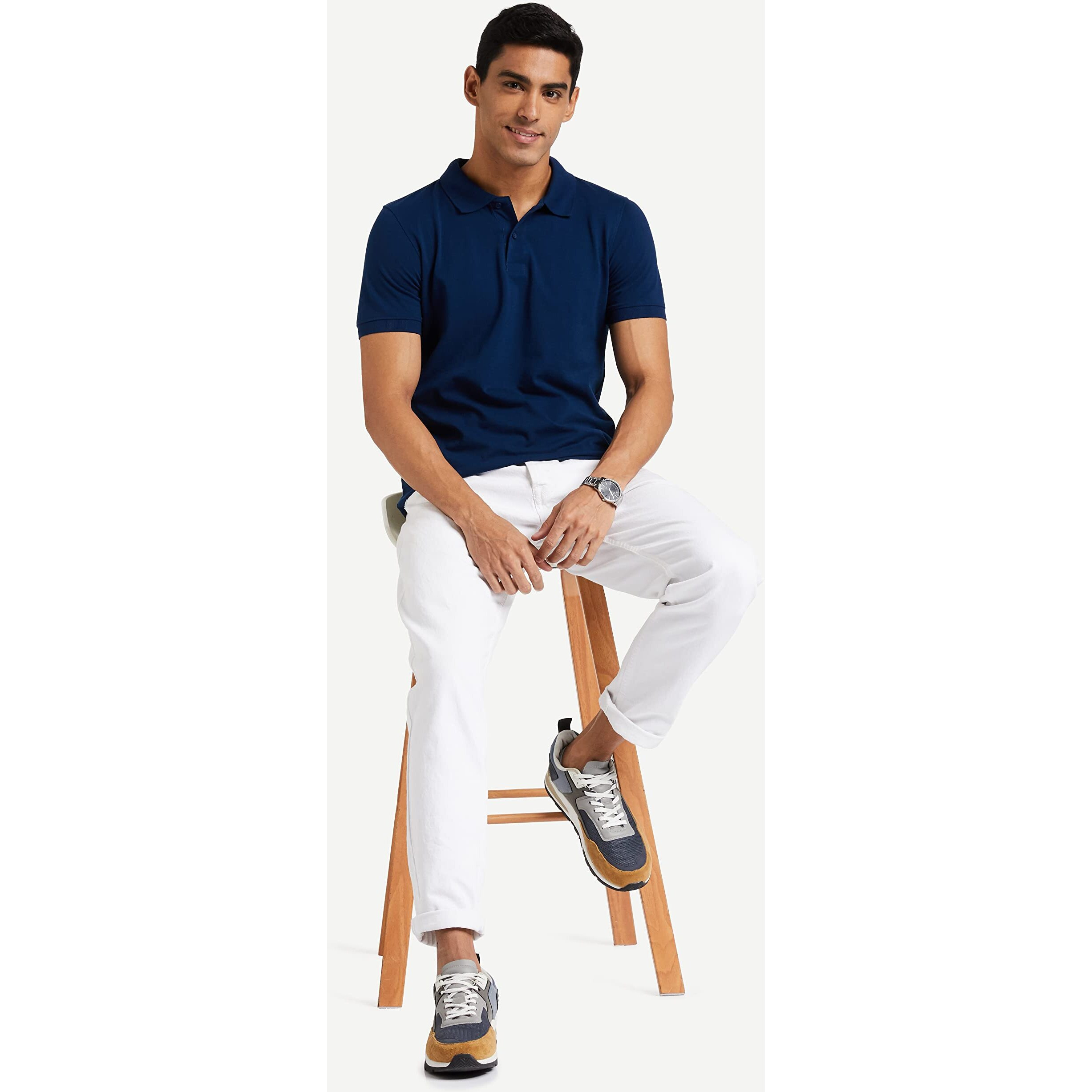Amazon Brand - Symbol Men's Solid Cotton Rich Polo T Shirt | Collar Tshirts | Half Sleeves | Plain-Regular Fit (Poseidon Blue_3XL) (Available in Plus Size)