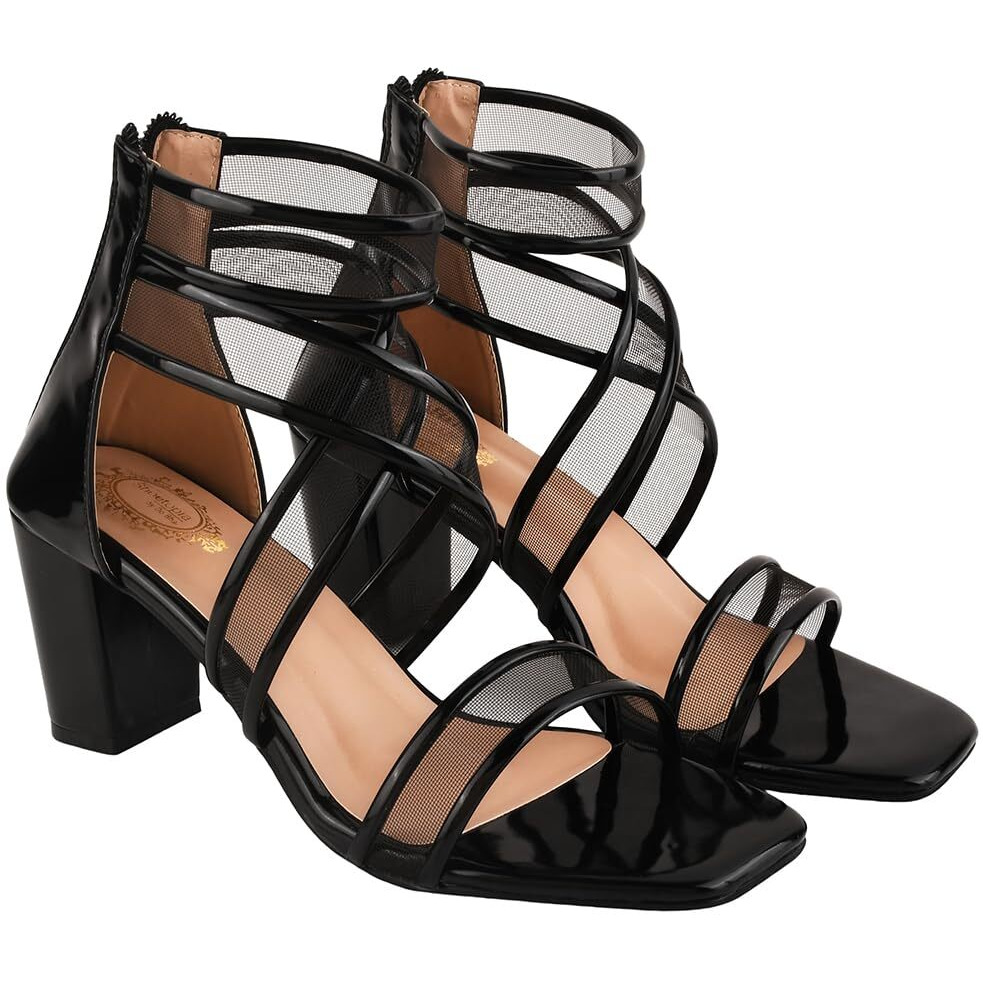 Shoetopia Patent Multi Cross Strap Black Block Heeled Sandals For Women & Girls /UK8
