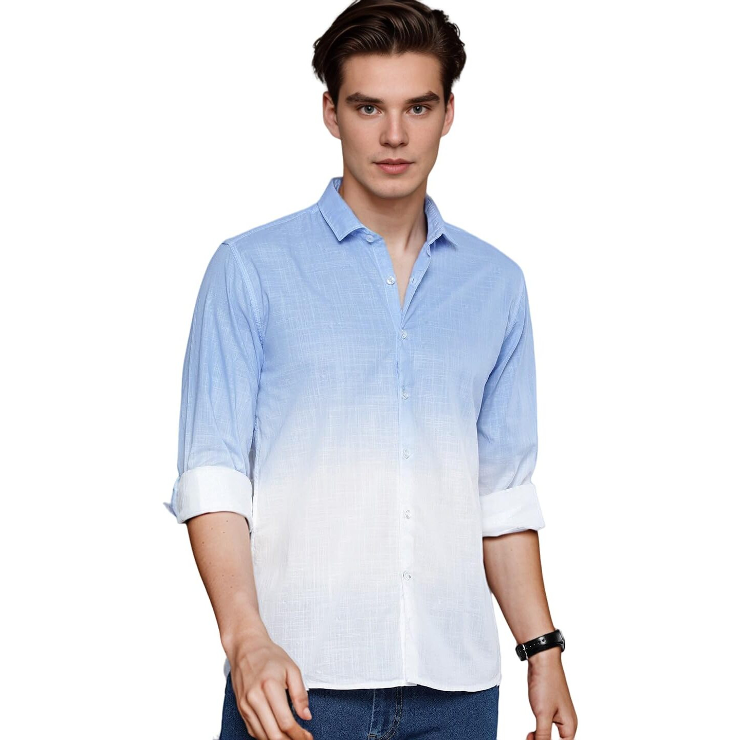 IndoPrimo Men's Cotton Casual Solid Shirt for Men Full Sleeves (Large, Sky - White)