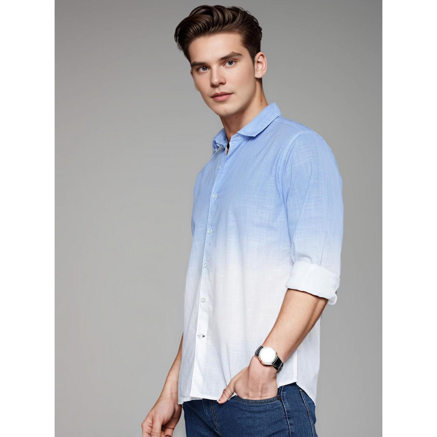 IndoPrimo Men's Cotton Casual Solid Shirt for Men Full Sleeves (Large, Sky - White)