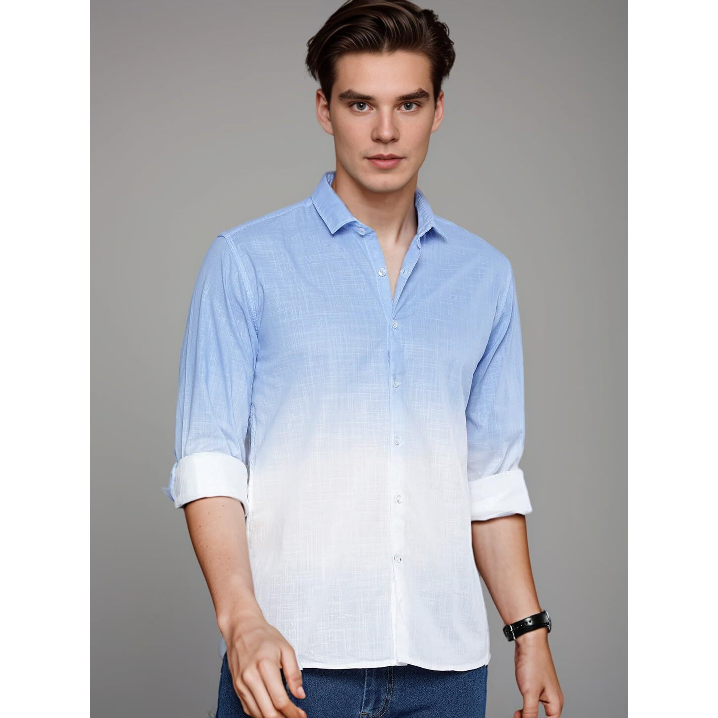 IndoPrimo Men's Cotton Casual Solid Shirt for Men Full Sleeves (Large, Sky - White)