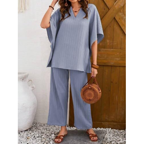 TADKEE Women's Solid Color V-Neck Kaftan Sleeve Co-ord Set for Women | Casual Wear Co ord Set | Kurta Set for Women (FN-Sugar-Cord-121-Aqua-XXL)