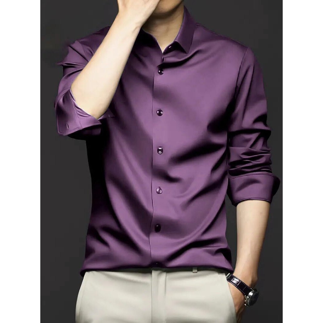 IndoPrimo Men's Stylish Solid Satin Casual Shirt for Men Full Sleeve (in, Alpha, XL, Regular, Purple)
