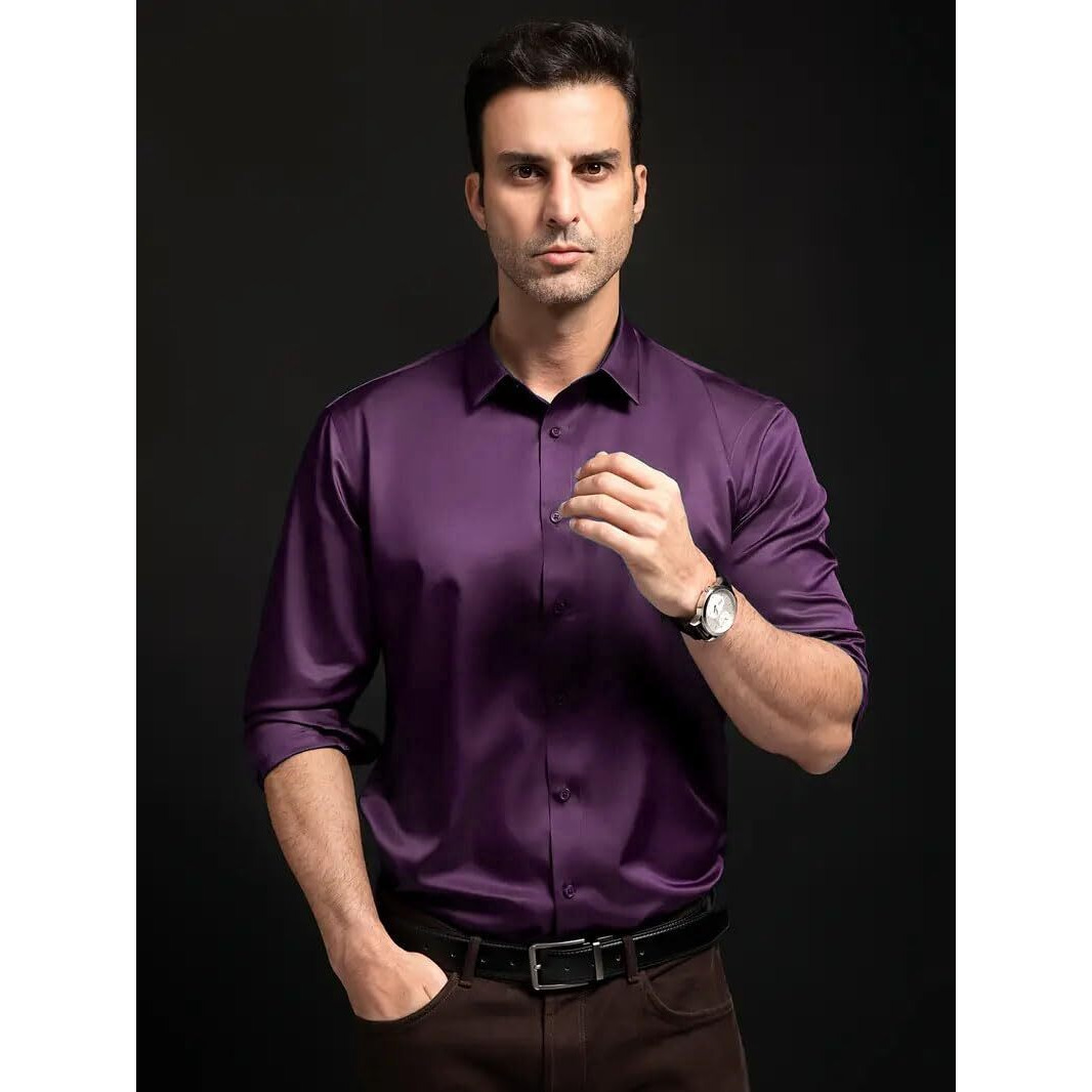 IndoPrimo Men's Stylish Solid Satin Casual Shirt for Men Full Sleeve (in, Alpha, XL, Regular, Purple)