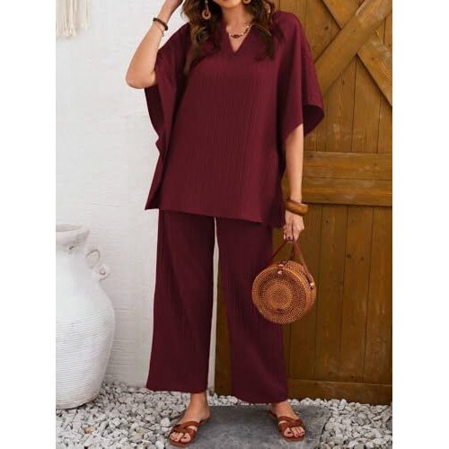 TADKEE Women's Solid Color V-Neck Kaftan Sleeve Co-ord Set for Women | Casual Wear Co ord Set | Kurta Set for Women (FN-Sugar-Cord-121-Maroon-XL)